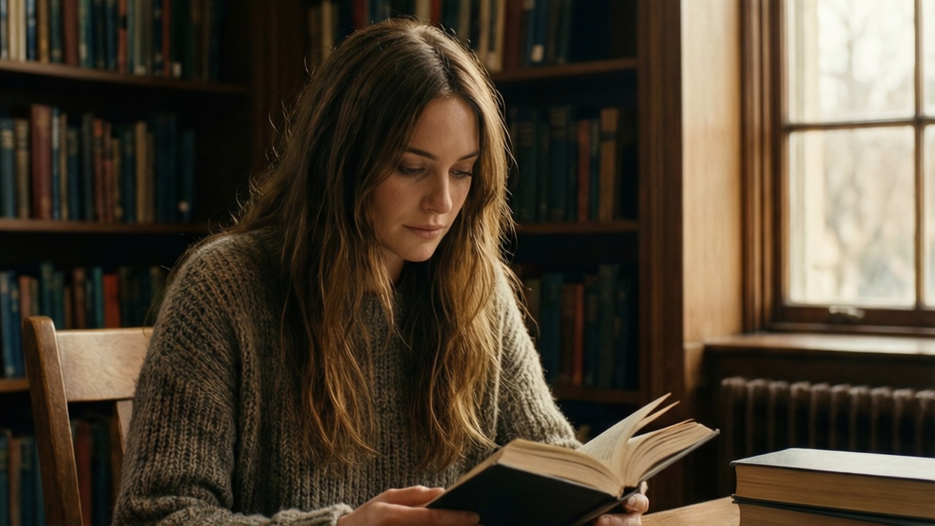 Cozy Library Moment 壁紙 — 一位長棕髮女子穿著針織毛衣，在木鑲板圖書館的窗邊看書。