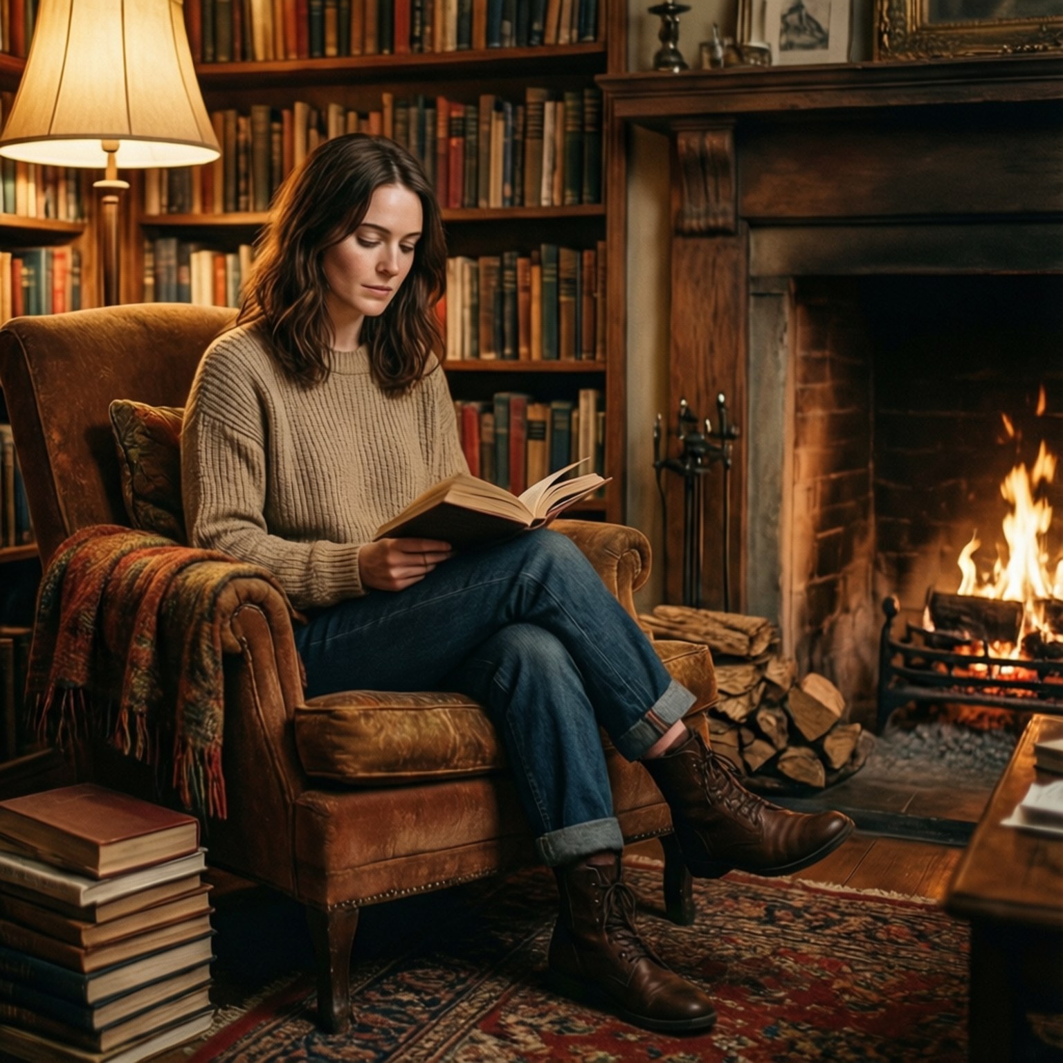 Cozy Library Evening 壁紙 — 一位女士坐在舒適的扶手椅上，旁邊是劈啪作響的壁爐，被書架和溫暖的燈光包圍著閱讀一本書。