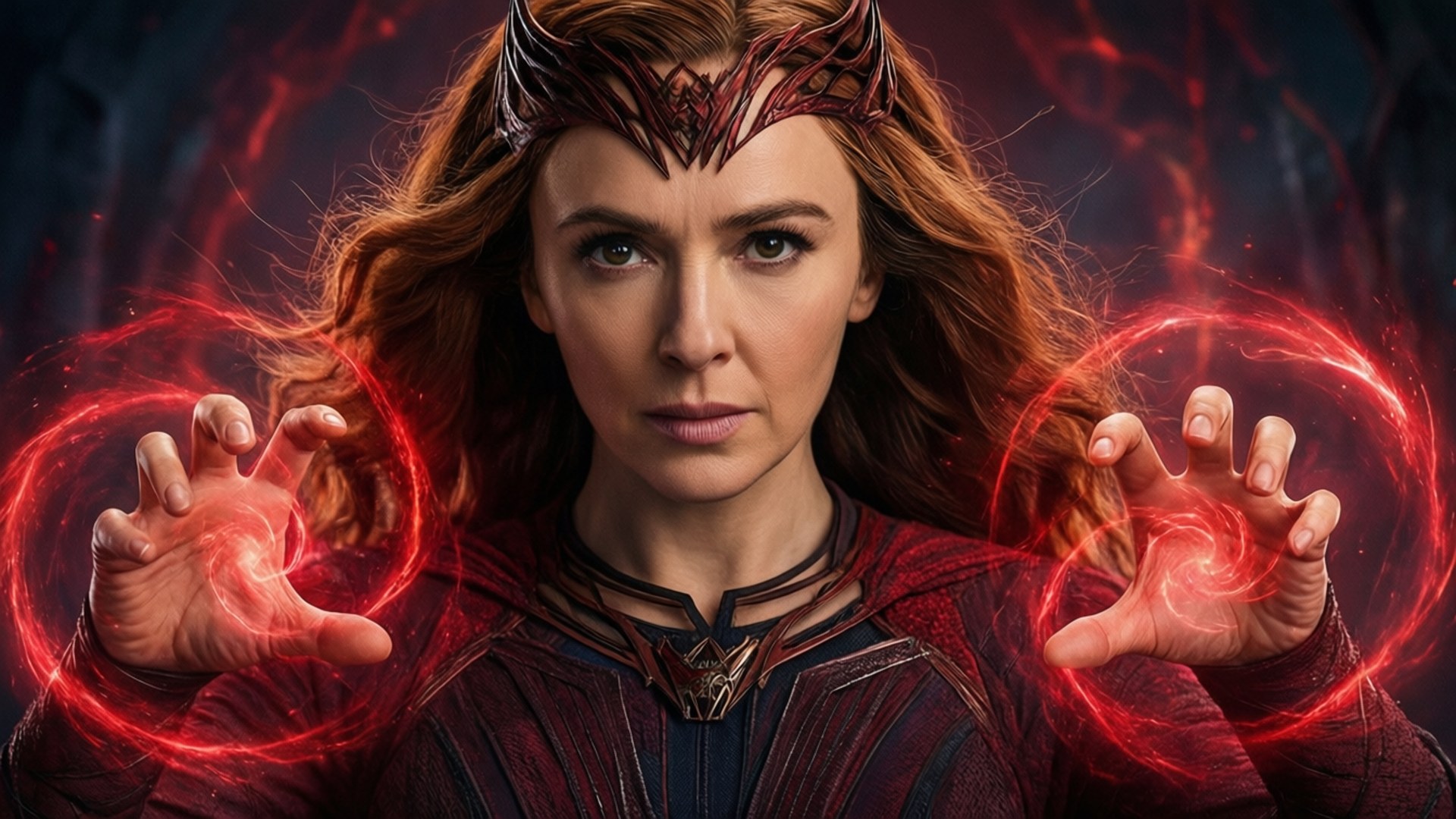 Scarlet Witch Magic 壁紙 — 一位紅髮戴皇冠的女性在黑暗背景下從雙手中釋放出旋轉的發光紅色魔法能量球。