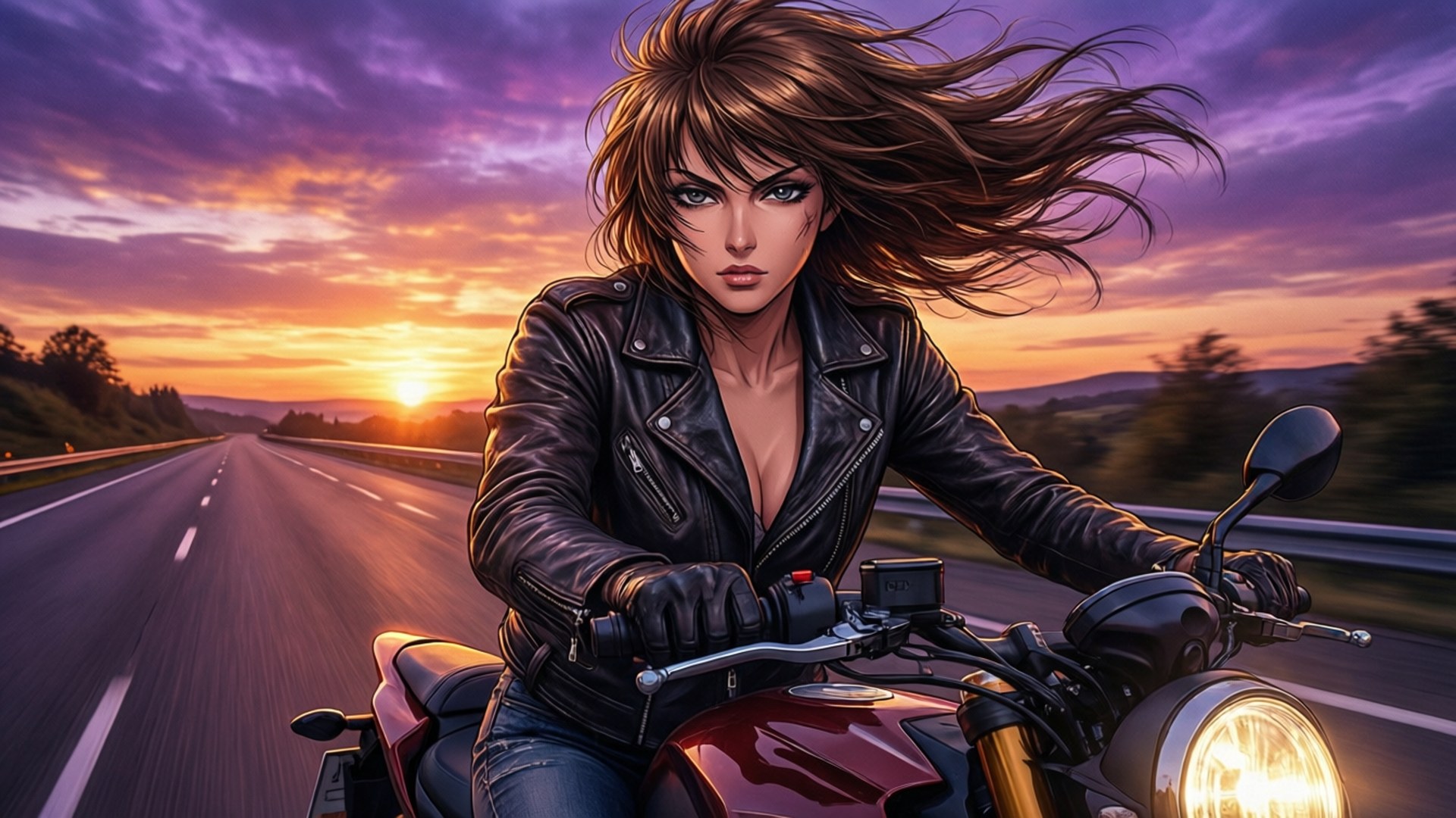 Urd on the Road 壁紙 — 一名頭髮被風吹起的女子在日落時分騎著摩托車行駛在高速公路上，天空呈現紫橙色。