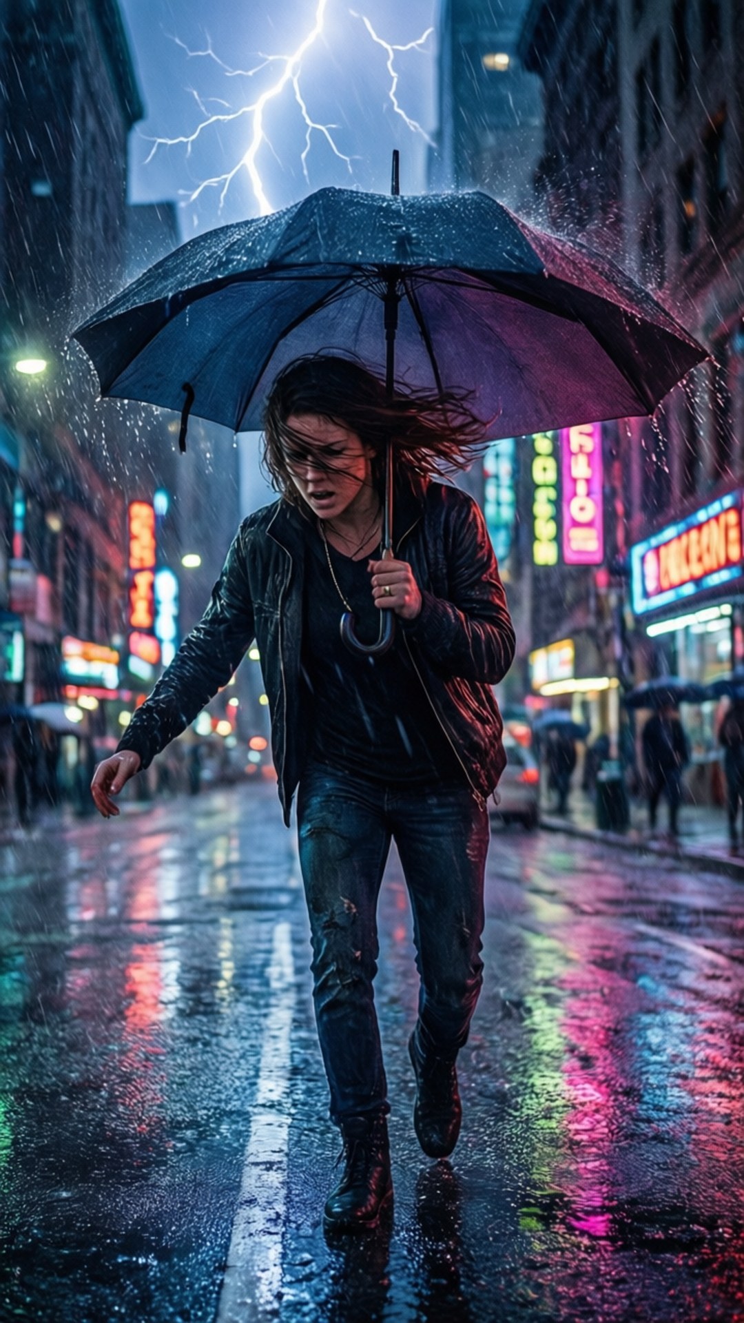 Umbrella in Storm 壁紙 — 一名女子撐著黑傘在霓虹燈照亮的雨中奔跑，閃電劃過潮濕的城市街道上空。