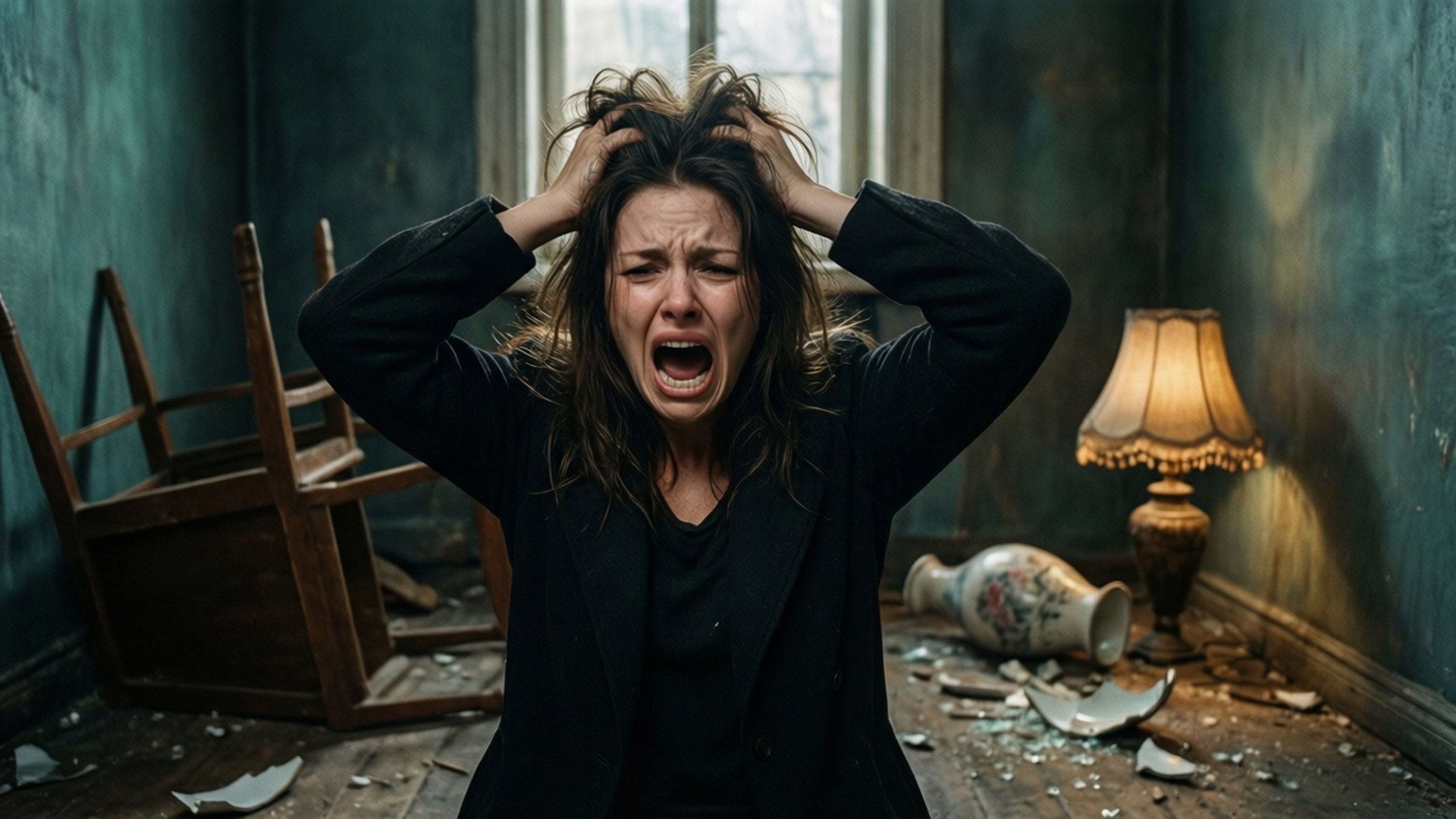 Anguish 桌布 壁紙 — 一個女人在一個破爛的房間裡痛苦地尖叫，抓著自己的頭髮，房間裡有破損的家具和破碎的花瓶。