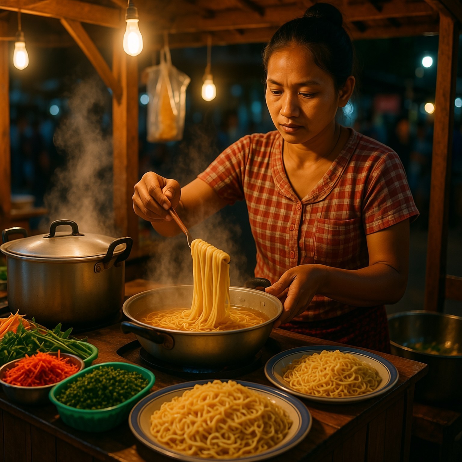Shan Noodle Vendor 壁紙 — 一位身穿紅色格紋襯衫的女性，在夜晚溫暖的吊燈下的木製攤位，提供熱騰騰的麵條。