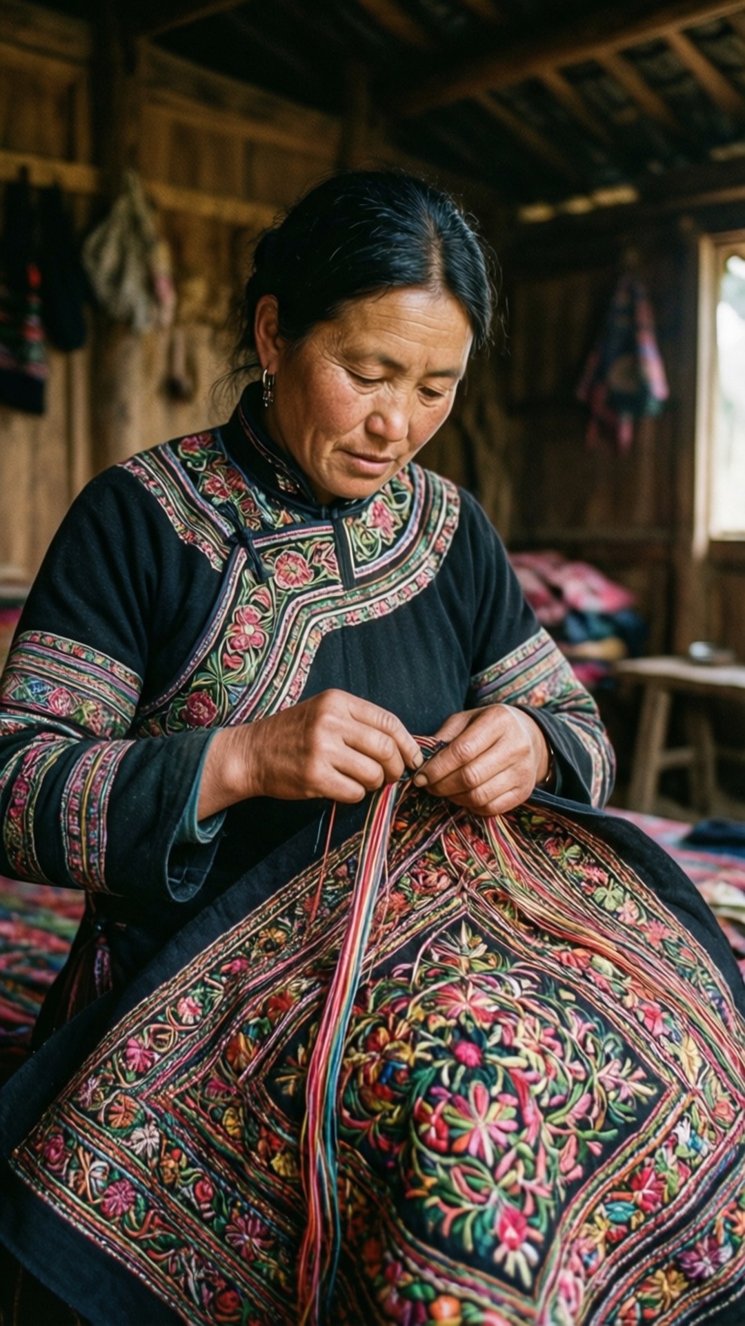 Nakshi Kantha Artisan 壁紙 — 一位身穿傳統刺繡連衣裙的女性在簡陋的木屋內，一絲不苟地將鮮豔的花卉圖案縫在布料上。