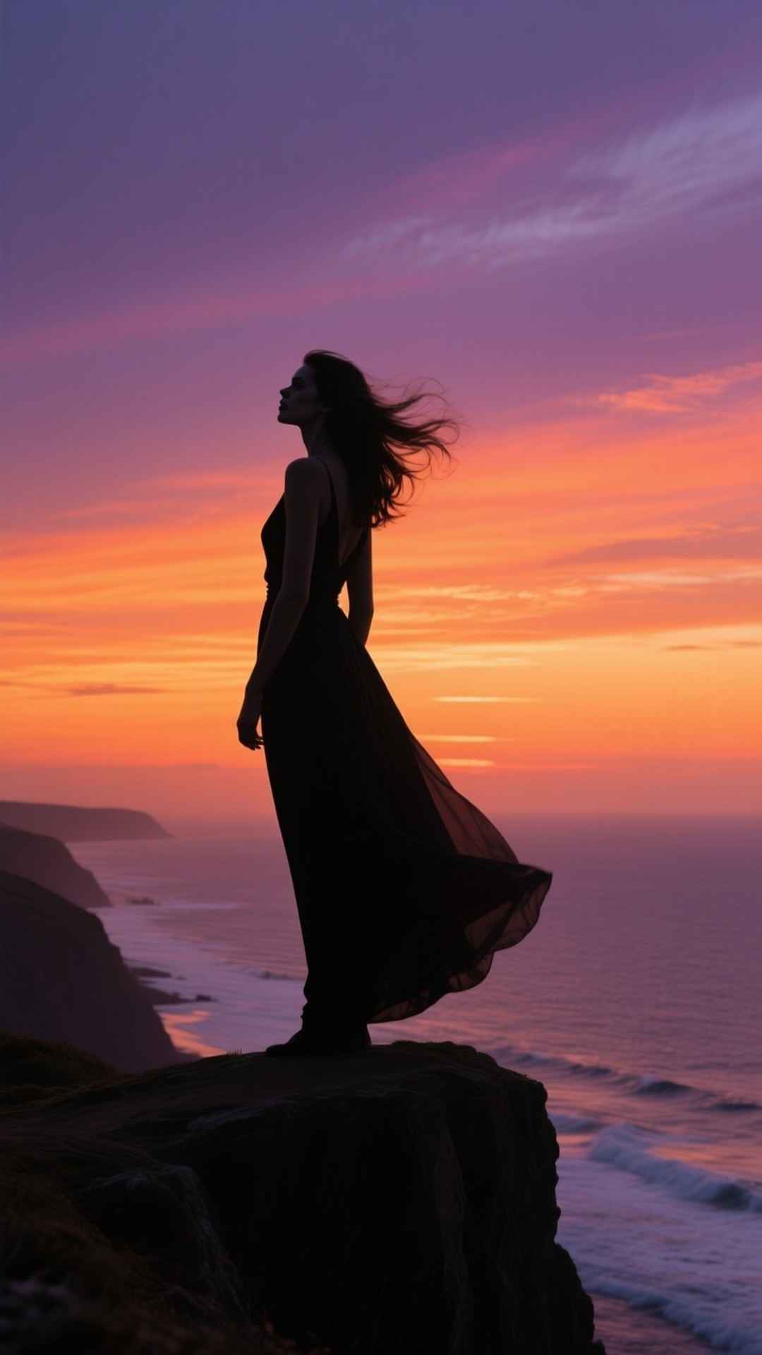 Silhouette Sunset Vertical 壁紙 — 一位身穿飄逸連衣裙的女性站在懸崖邊緣，形成剪影，鮮豔的橙色和紫色日落色調描繪著波濤洶湧的海浪之上的天空。