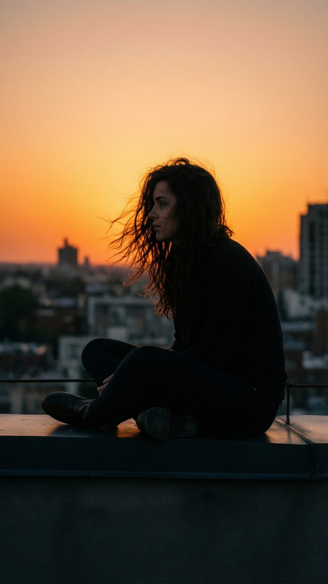 Rooftop Solitude 壁紙 — 一個女人坐在日落時分的屋頂上，形成剪影，風吹動她的頭髮，城市建築逐漸消失在橙色的光芒中。