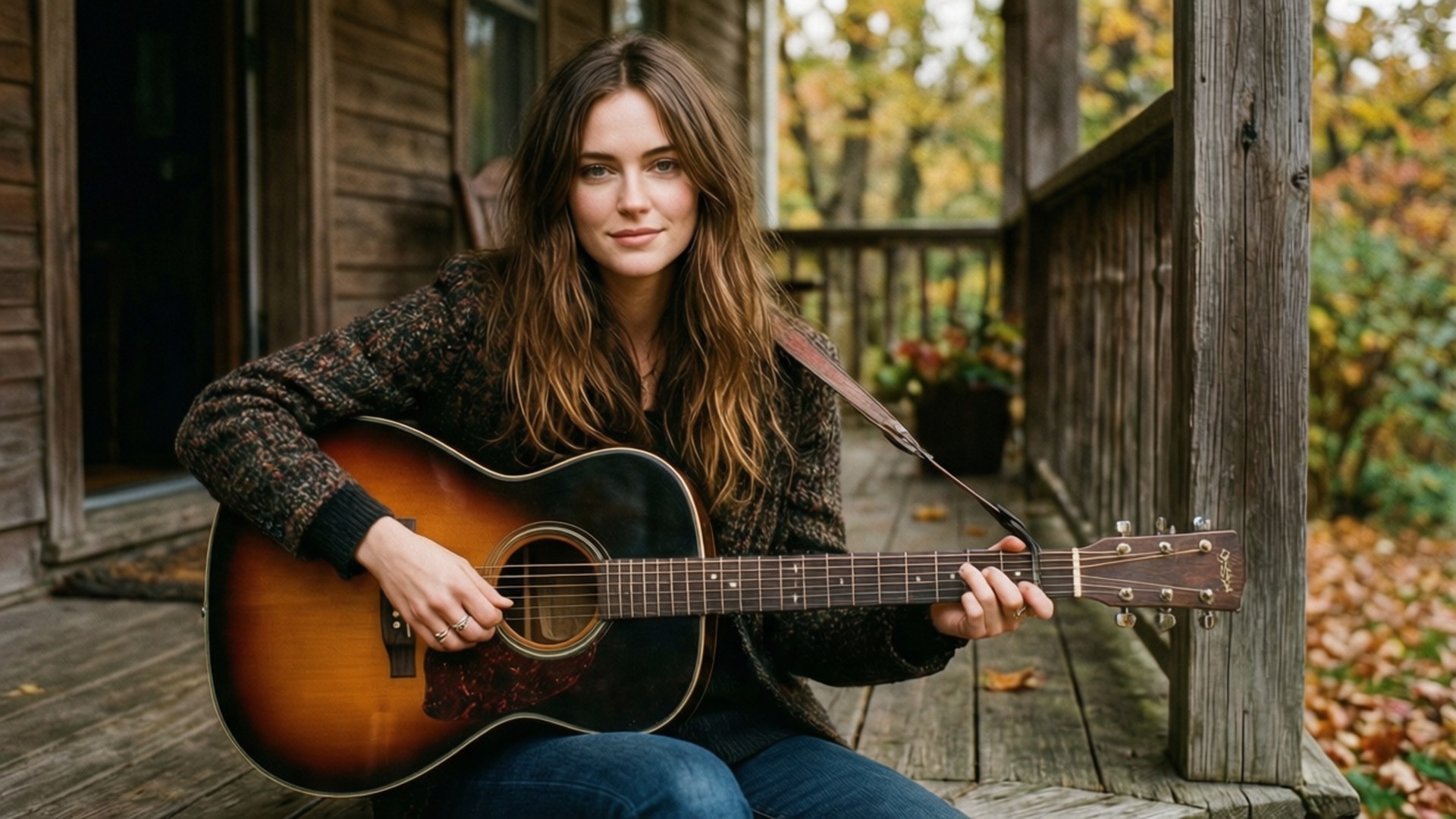 Autumn Acoustic 壁紙 — 一位長棕色頭髮的女性坐在木質門廊上，抱著一把原聲吉他，周圍環繞著秋葉。