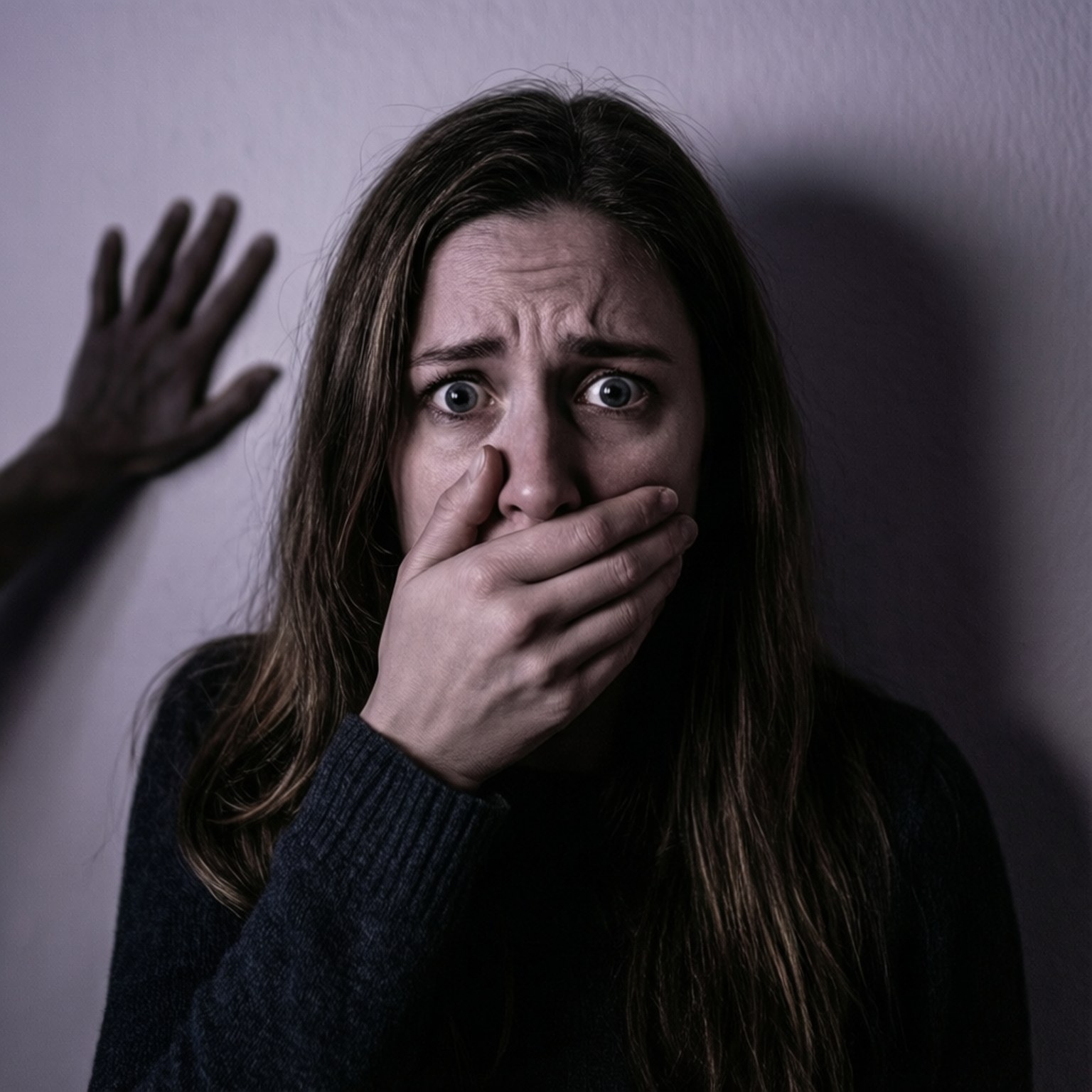 Anguish 桌布 壁紙 — 一名女子睜大驚恐的眼睛，捂住嘴巴，一隻陰影般的手按在她身後的牆上。