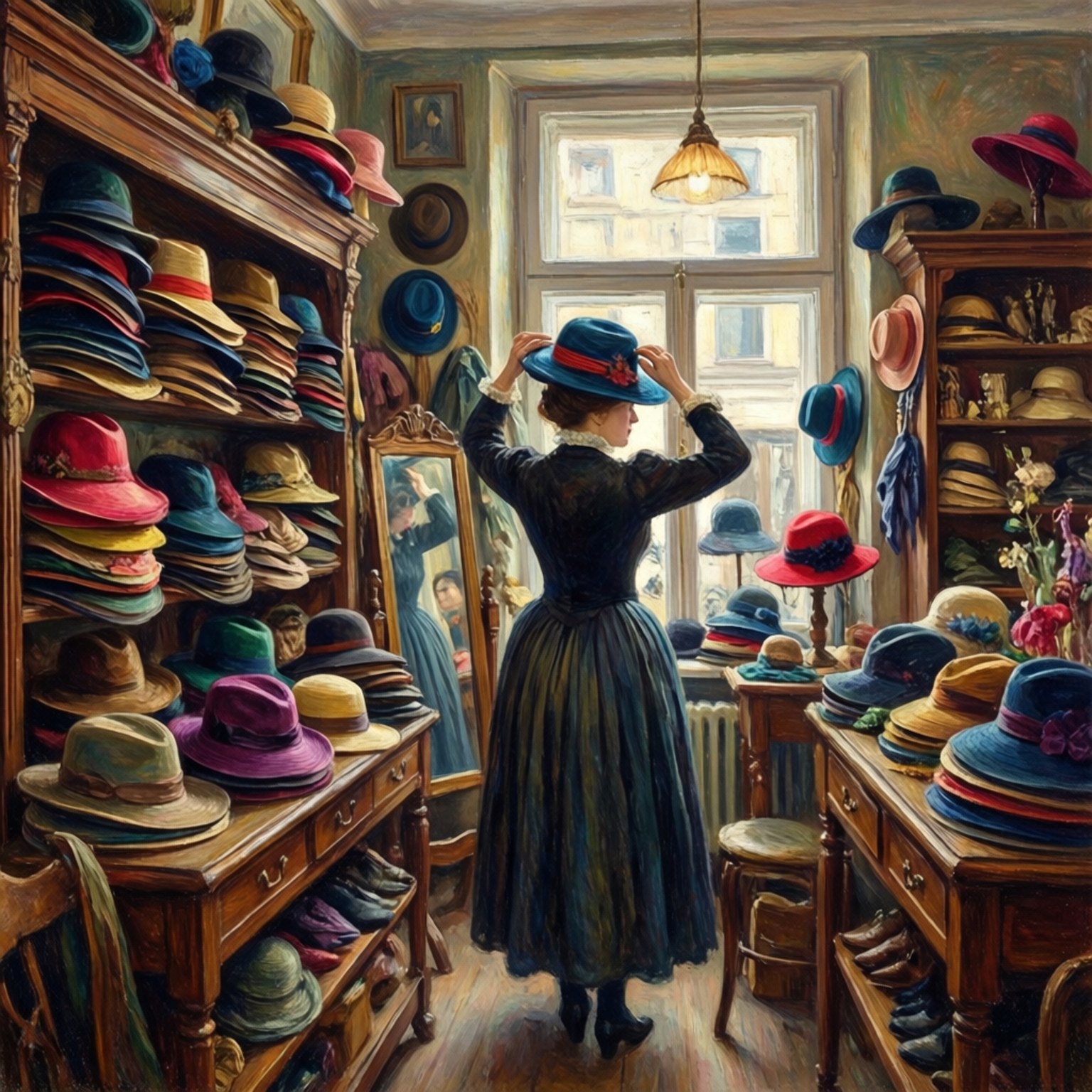 At the Milliner's 壁紙 — 一位身穿深色連衣裙的女性在充滿彩色帽子的復古帽子店裡試戴藍色帽子，店內有木架和鏡子。