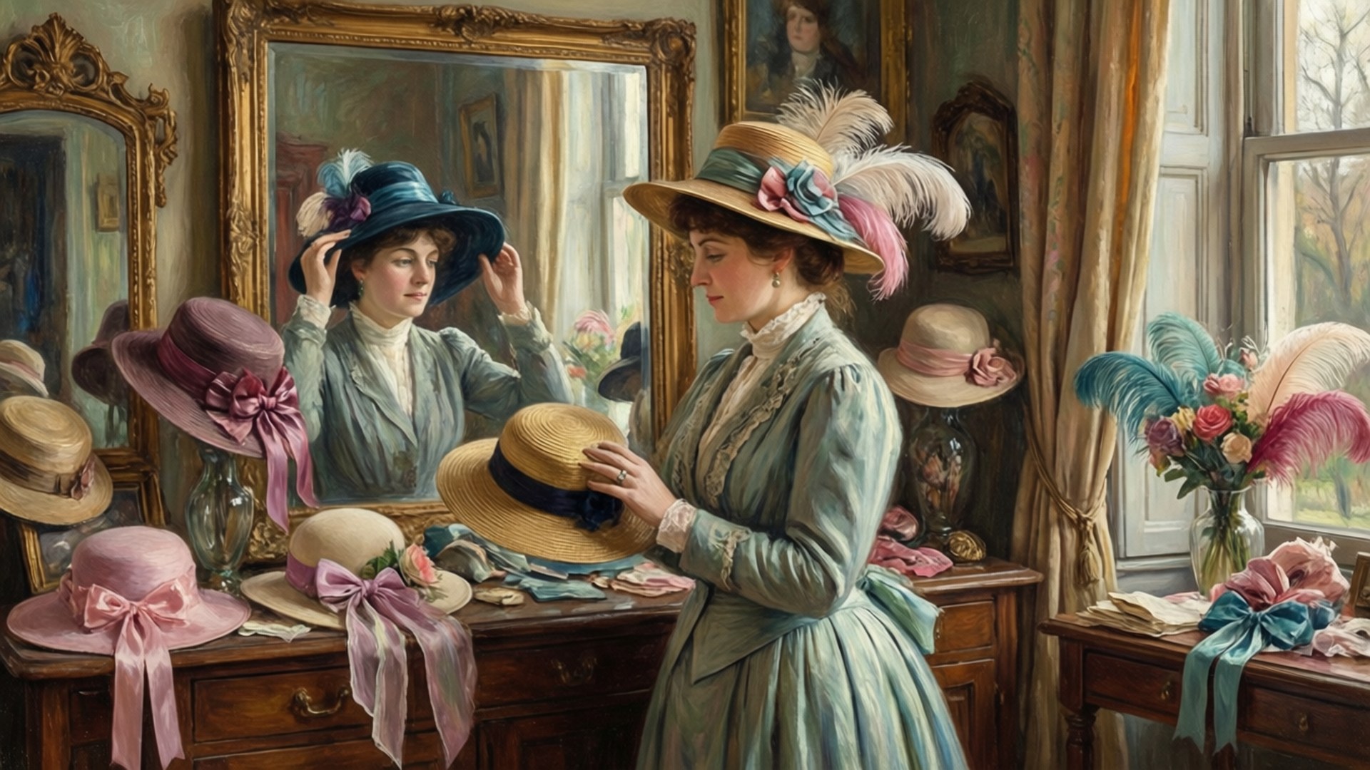 At the Milliner's 壁紙 — 一位身穿復古青綠色連衣裙的女性正在試戴一頂帶有粉紅色羽毛的草帽，同時欣賞自己在鍍金鏡子中的倒影，周圍環繞著華麗的帽子和花卉佈置。