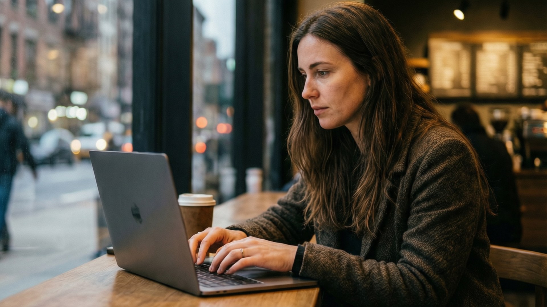 Coffee Shop Coder 壁紙 — 一位長棕色頭髮的女性在咖啡廳的木桌上使用銀色筆記型電腦打字，窗外有模糊的城市燈光。