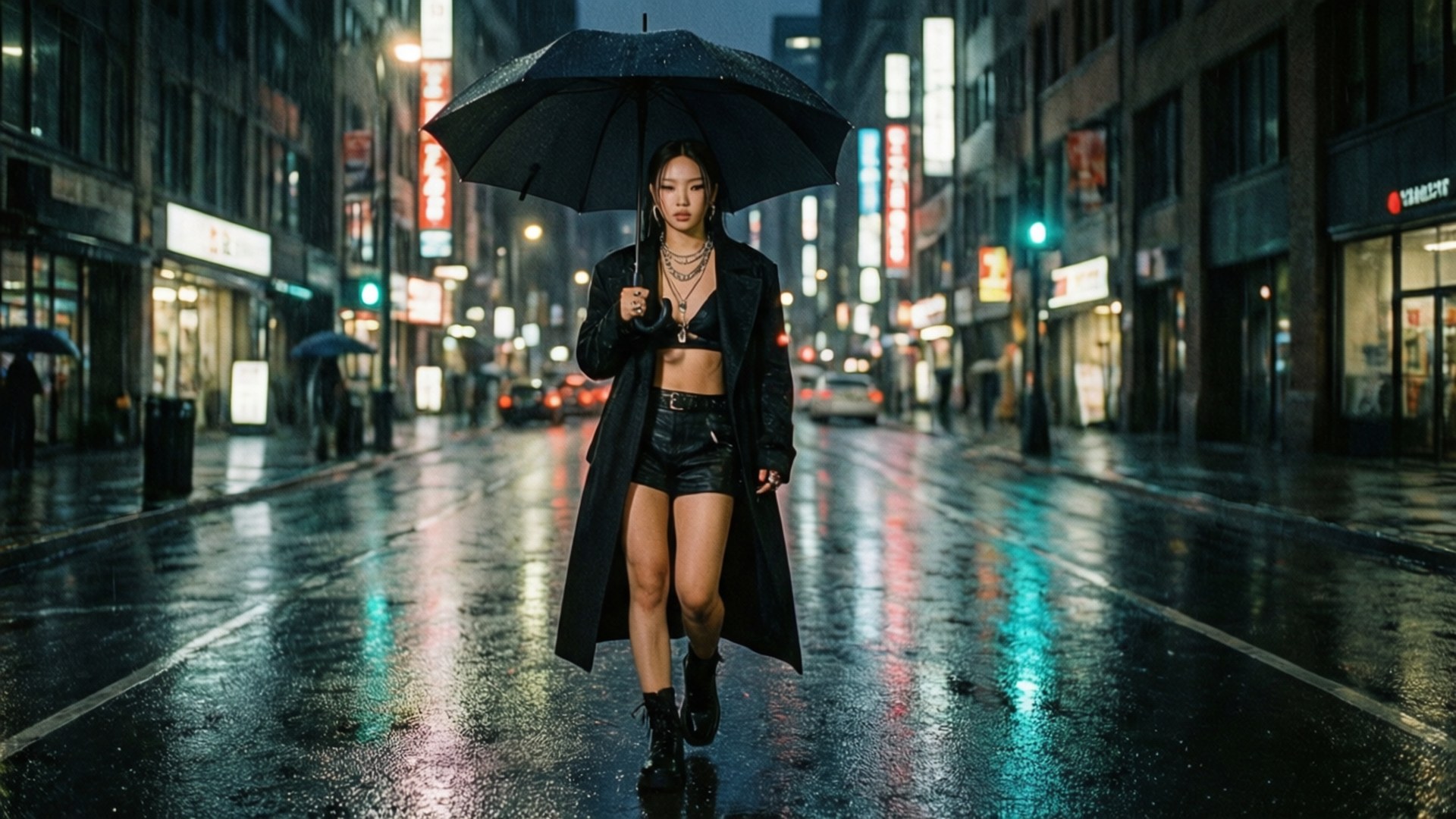 Swae Lee 桌布 壁紙 — 一位女士自信地走在霓虹燈照亮、雨水浸濕的城市街道上，撐著一把黑色雨傘。