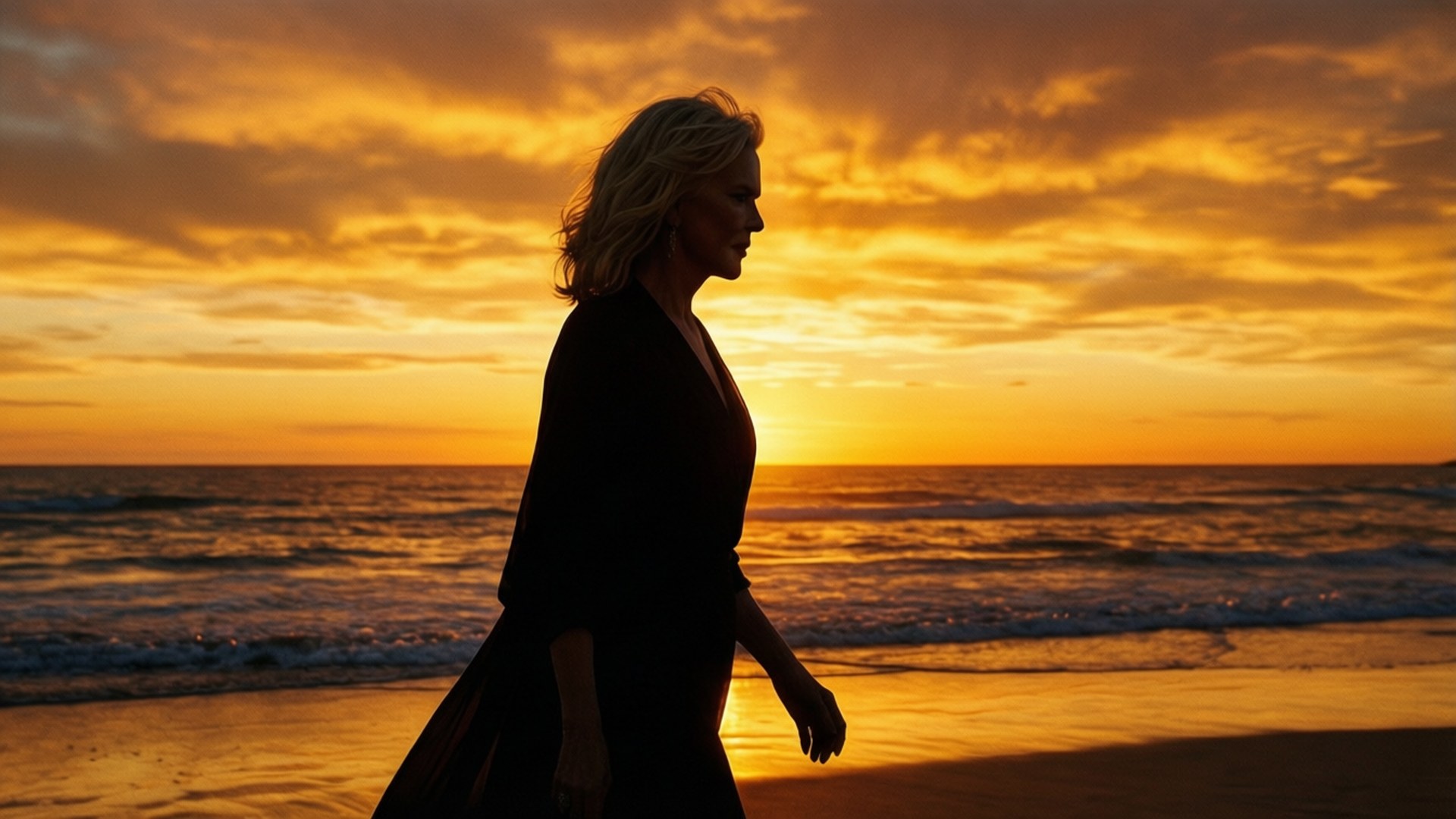 妮可·基嫚 桌布 壁紙 — 一名女子在日落時分沿著海灘漫步，金色雲彩和海洋波浪在她剪影後閃耀。