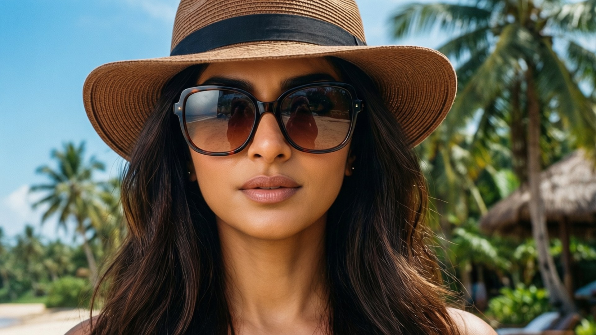 Vacation Hat Style 壁紙 — 一位深色頭髮的女性戴著草帽和大太陽眼鏡，背景是熱帶海灘，有棕櫚樹和藍天。