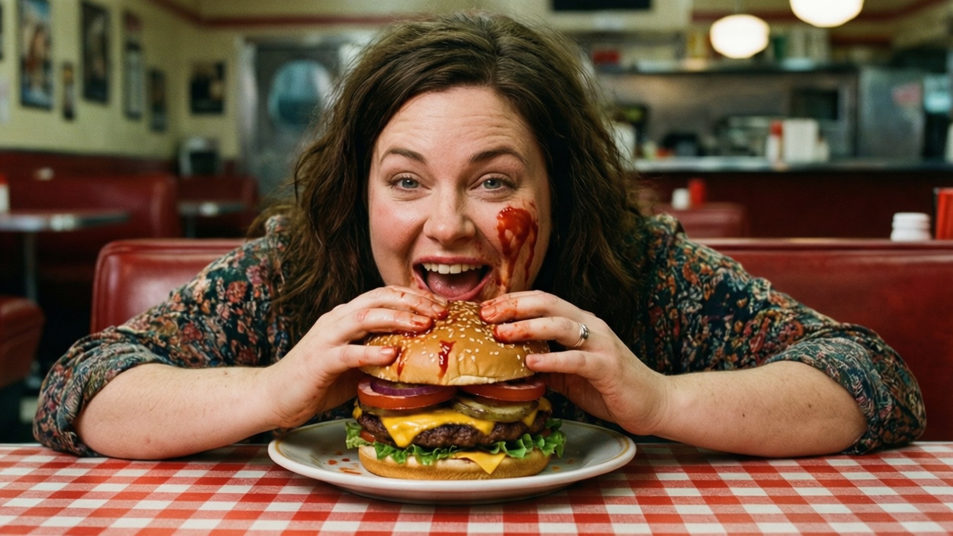 Kimmy Eating Burger 壁紙 — 一名臉上沾血的女子在復古餐廳愉快地咬著一個巨型起司漢堡。