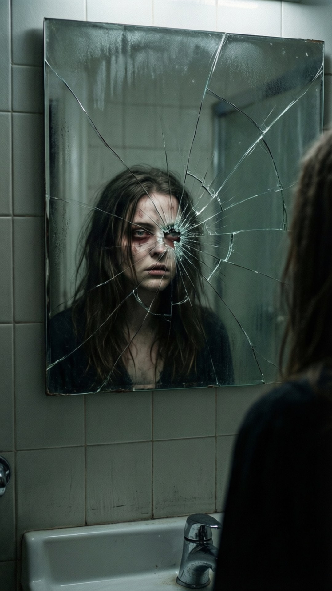 Cracked Mirror Face 壁紙 — 一個滿臉鮮血的女人透過破碎的浴室鏡子凝視著，鏡子反射出她破碎的倒影。