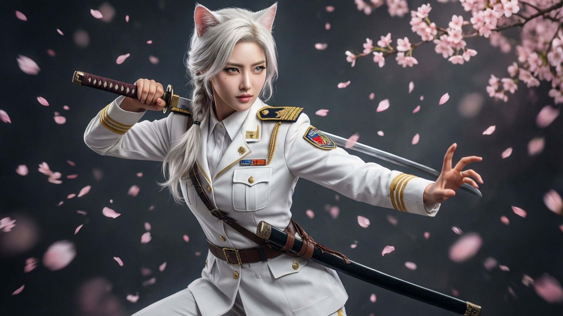 White Cat Leader Persia 壁紙 — 一位白髮貓耳女性身穿白色軍服，在飄落的櫻花中揮舞武士刀。