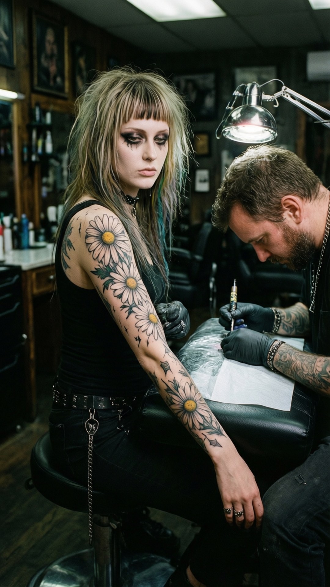 Tattoo Session Daisy 壁紙 — 一位化著戲劇性妝容、手臂上有雛菊刺青的女性，在昏暗的工作室中靜靜地坐著，而刺青師正在她的另一隻手臂上工作。