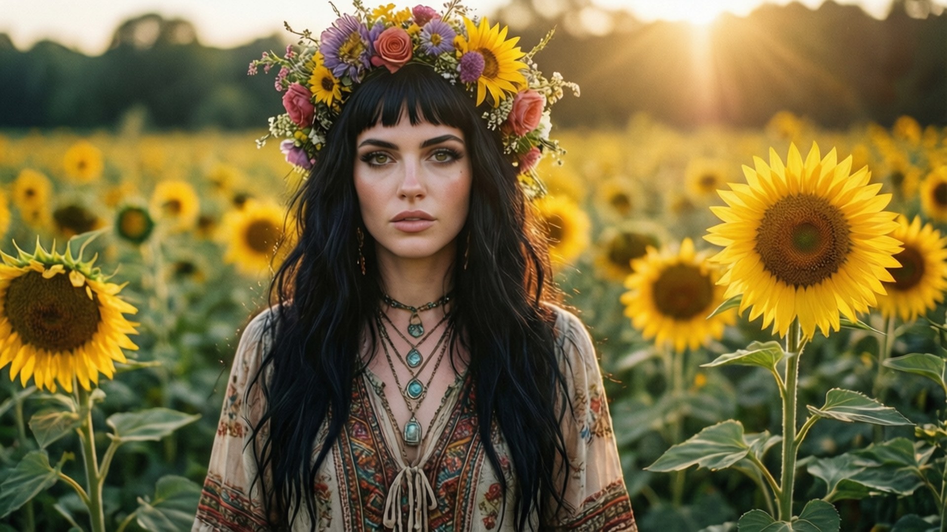 Sunflower Crown 壁紙 — 一位深色頭髮、戴著花冠的女性站在陽光明媚的向日葵田裡，正值黃金時刻。