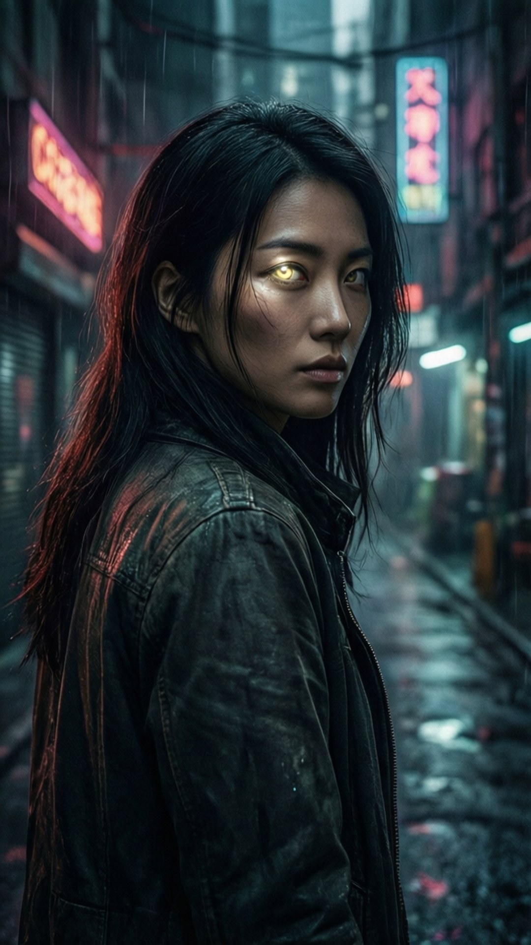 Mysterious Alley 壁紙 — 一位擁有發光黃色眼睛和濕黑頭髮的女性，站在被雨水浸透的霓虹燈小巷中，穿著黑色皮夾克。