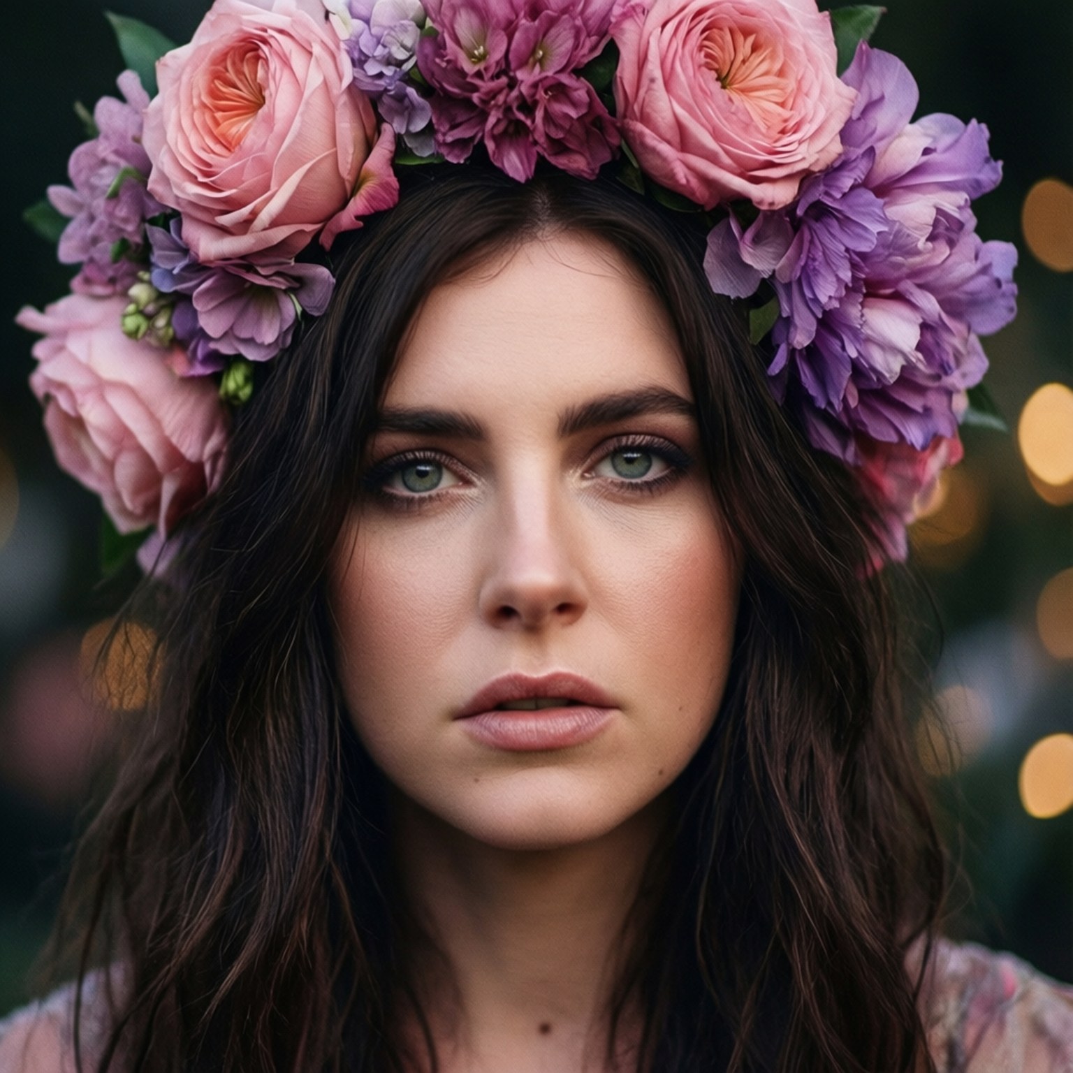 Flower Crown 壁紙 — 一位擁有綠色眼睛和深色頭髮的女性，在散景背景下戴著粉紅色和紫色玫瑰編成的花冠。