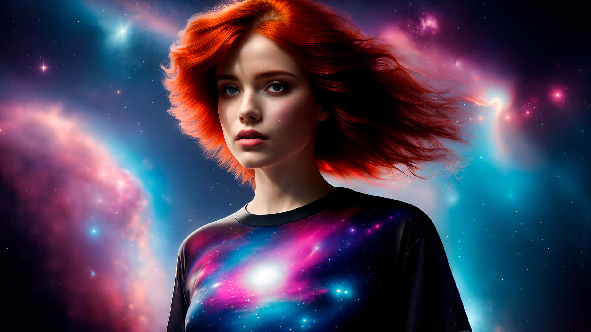  壁紙 — 一位擁有火紅頭髮的女性站在充滿活力的宇宙星雲背景前，她的襯衫映照出星系旋轉的色彩。
