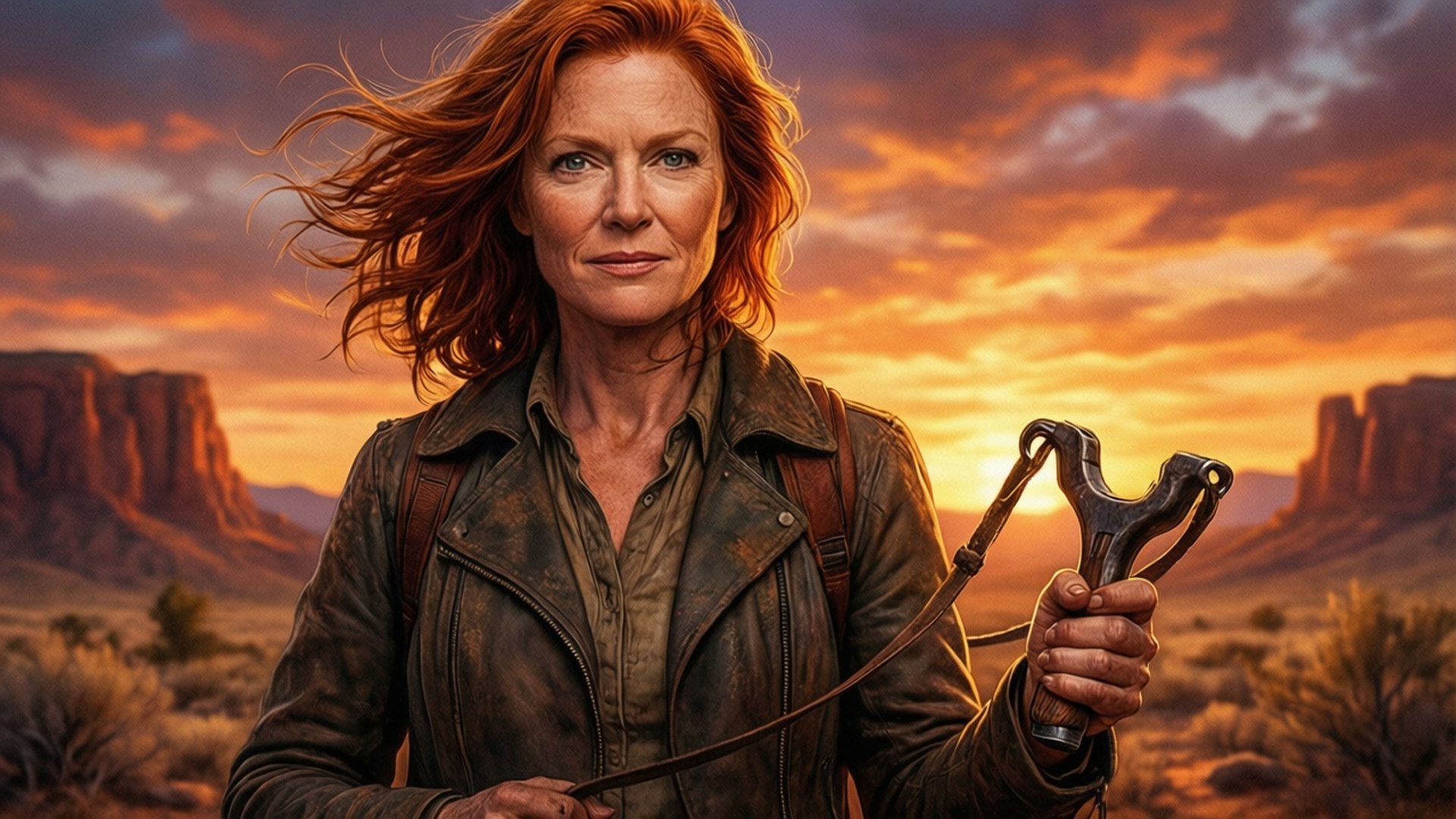 Beverly in the Barrens 壁紙 — 一位擁有火紅頭髮的女性站在沙漠峽谷中，夕陽西下，手持彈弓，身穿破舊的皮夾克。
