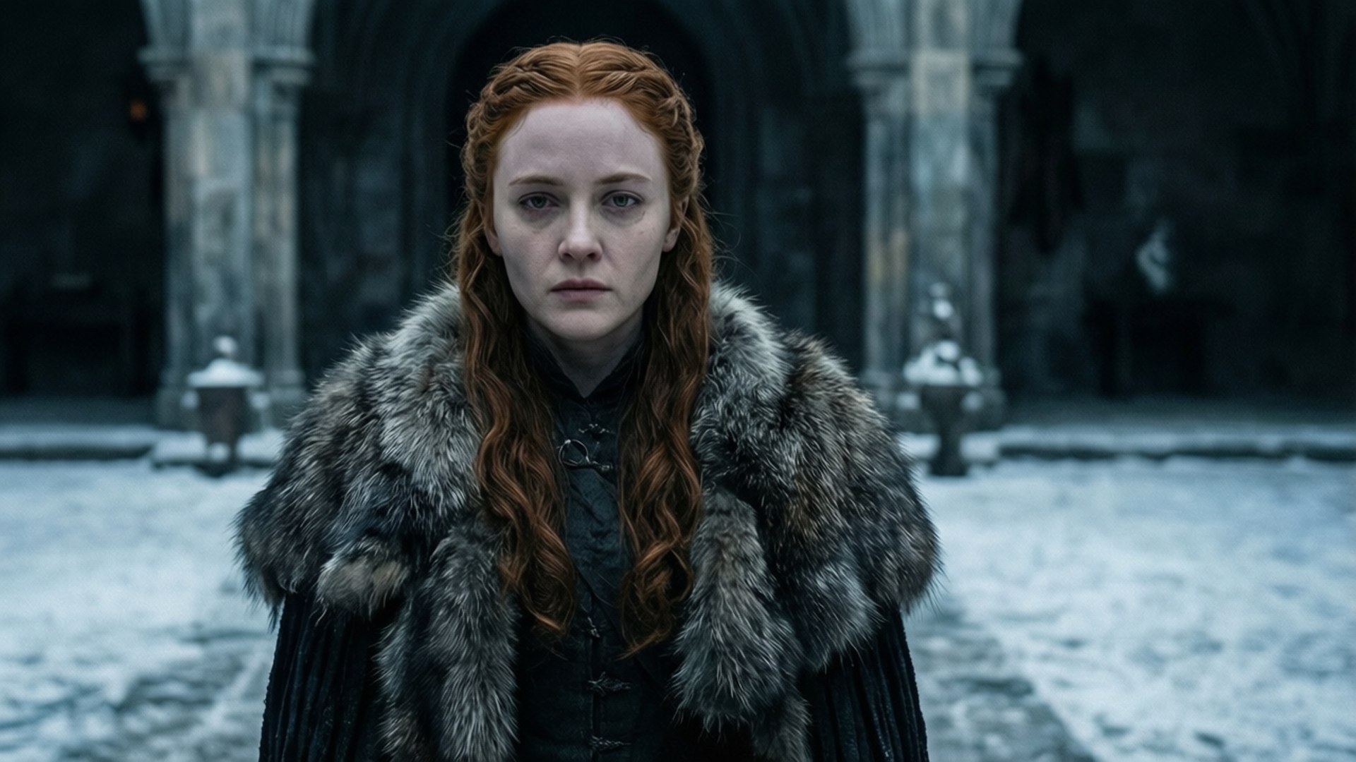Sansa in the Snow 壁紙 — 一位紅髮女性穿著毛皮襯裡斗篷，站在積雪的石頭庭院中，光線昏暗。