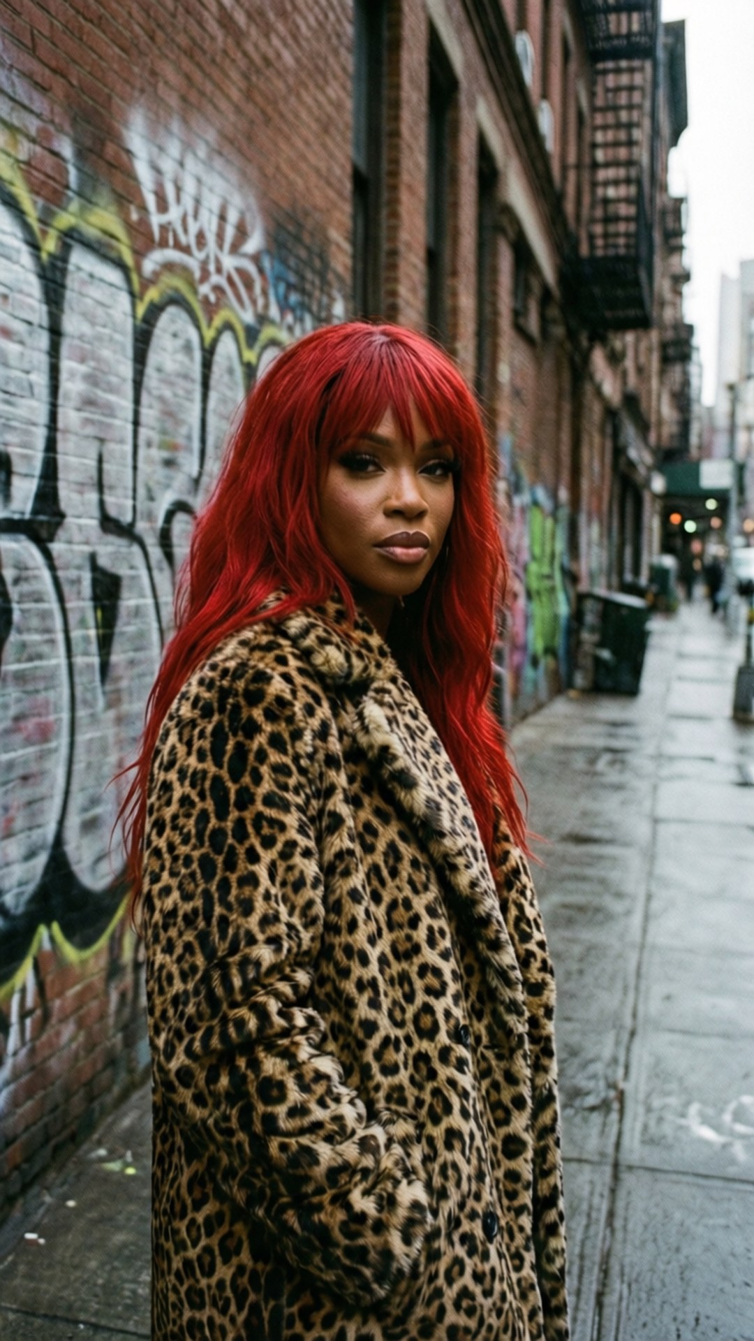 Urban Leopard Print 壁紙 — 一位擁有鮮豔紅髮、身穿豹紋外套的女性，自信地站在濕漉漉的城市小巷中，背景是佈滿塗鴉的磚牆。