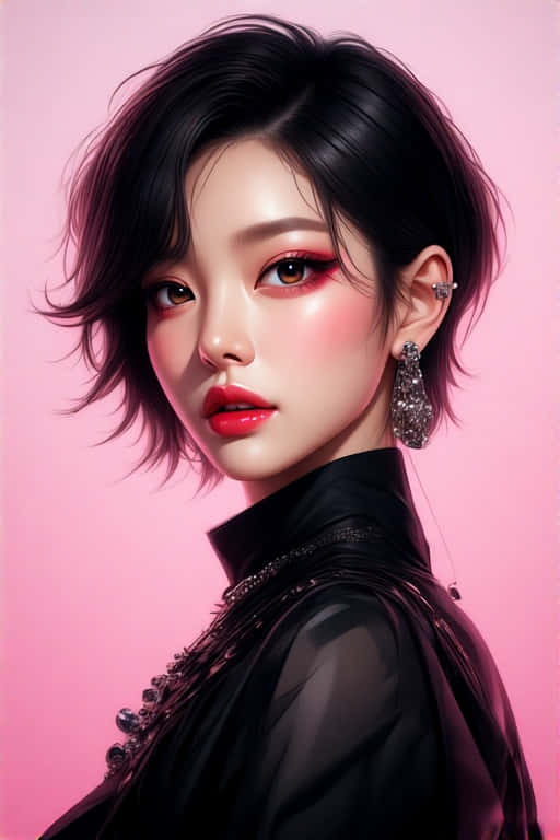 短黑髮紅唇女性，身穿黑色服裝和耳環，背景為粉紅色 — Blackpink 壁紙