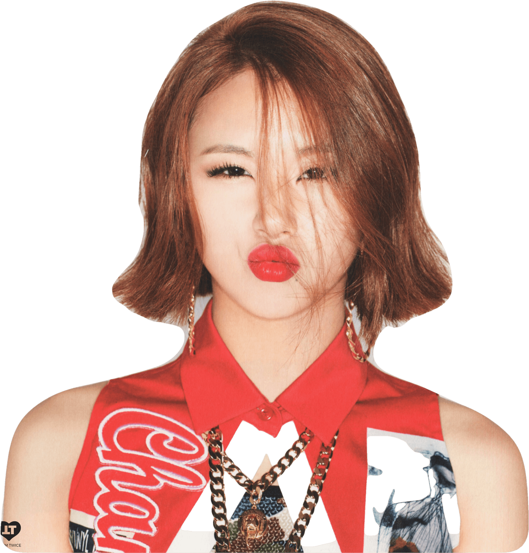 短棕髮、紅唇的女性穿著圖案紅色上衣。 — Twice 壁紙