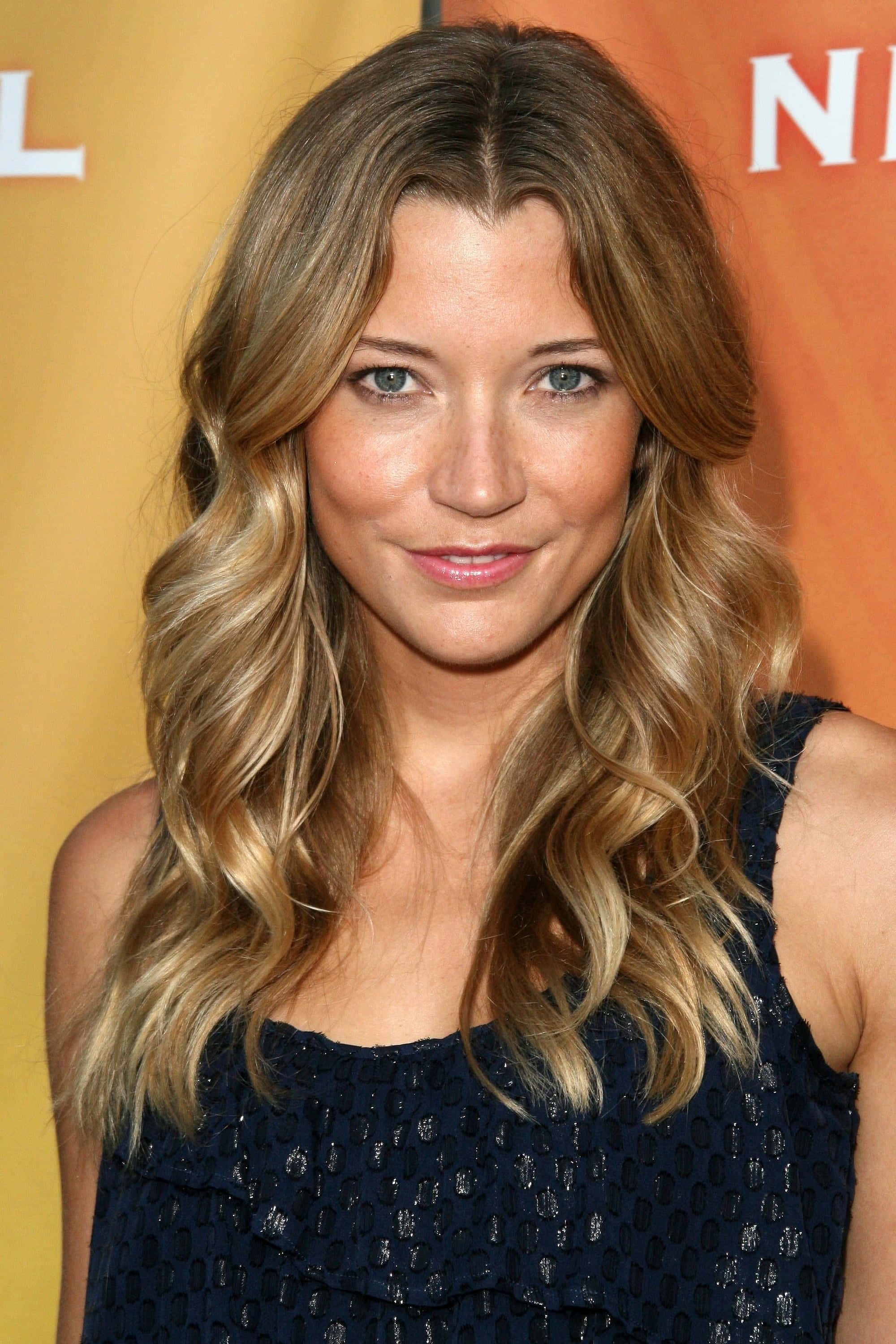 Sarah Roemer 桌布 壁紙 — 一位擁有波浪金髮和藍眼睛的女性，穿著深藍色質感連衣裙，在溫暖的橙色和黃色背景下溫柔微笑。