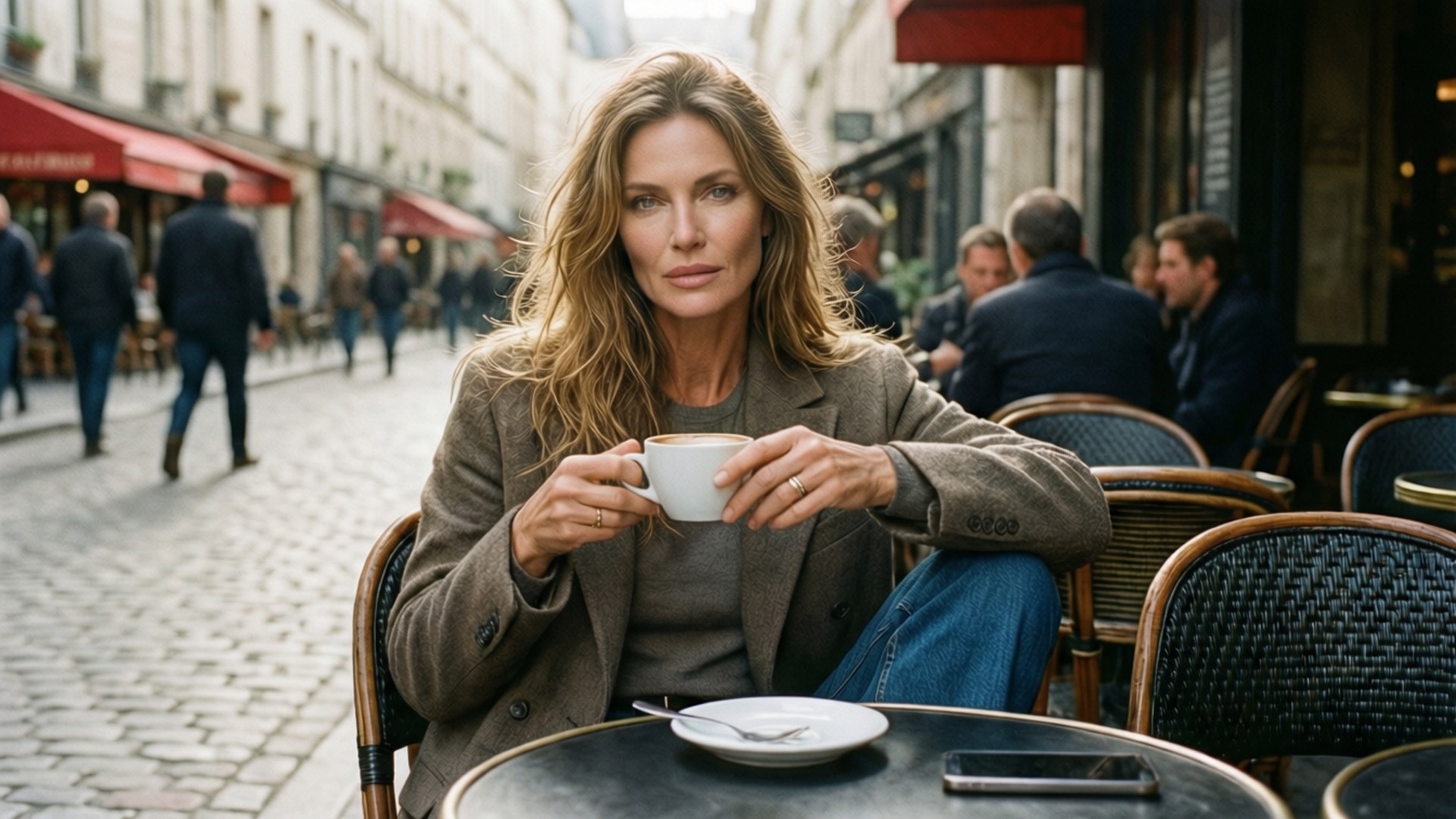 Eva Herzigova 桌布 壁紙 — 一位擁有波浪形金髮的女性坐在咖啡桌旁，在繁忙的歐洲街景中手持咖啡杯。