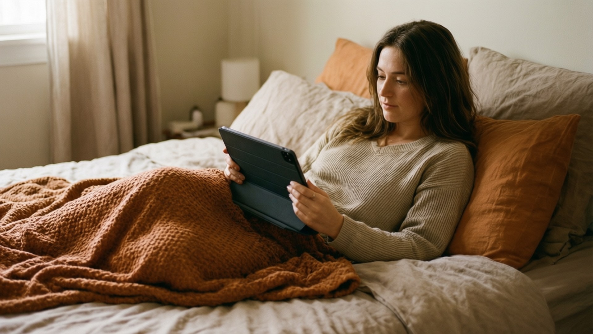 Cozy Bed Tablet 壁紙 — 一位女士在舒適的臥室裡，裹著鏽色毯子，在床上使用平板電腦。