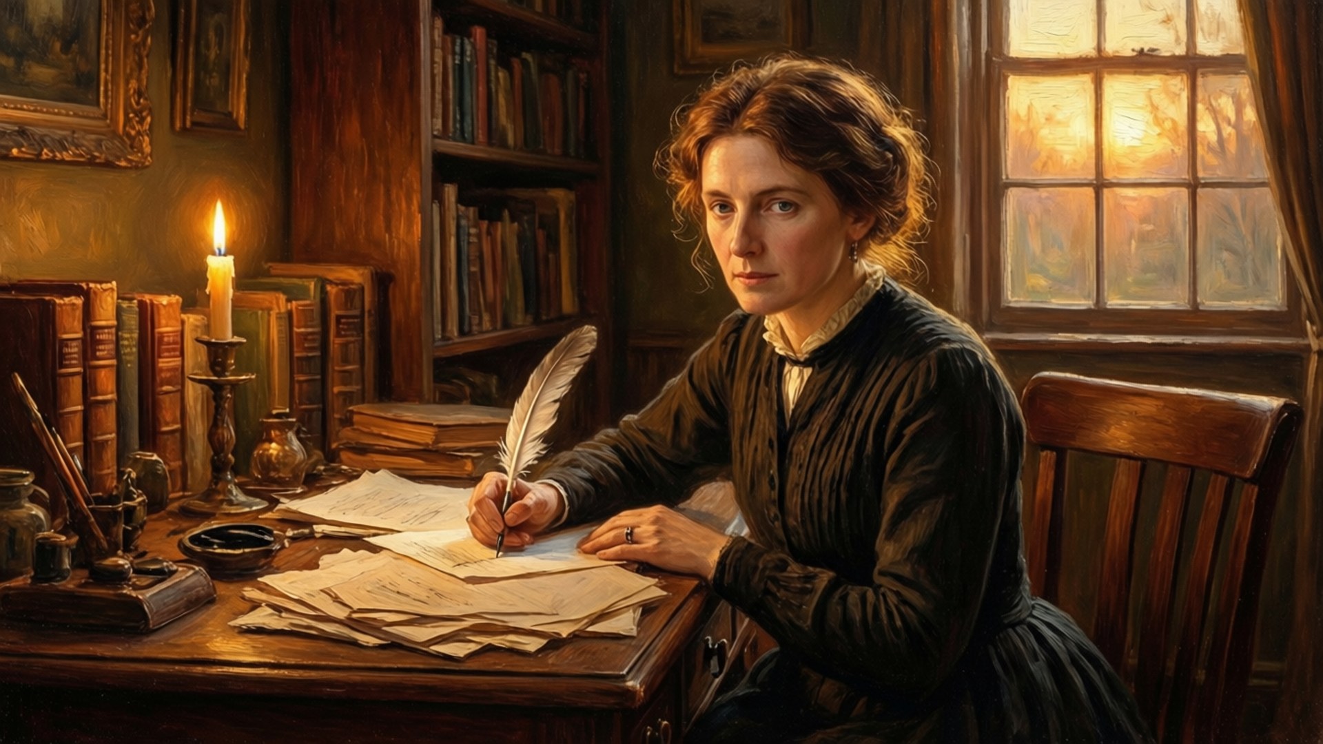 Virginia Woolf 桌布 壁紙 — 一位穿著復古服裝的女性在一個充滿書籍和燭光、溫暖照明的書房裡，用羽毛筆在木桌上書寫。