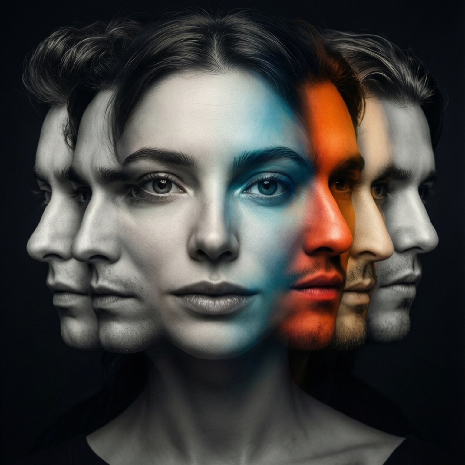 Faces Unite 壁紙 — 一個女人的臉被分割成多個側面，一半臉是冷藍色，一半是暖橙色，背景為黑色。
