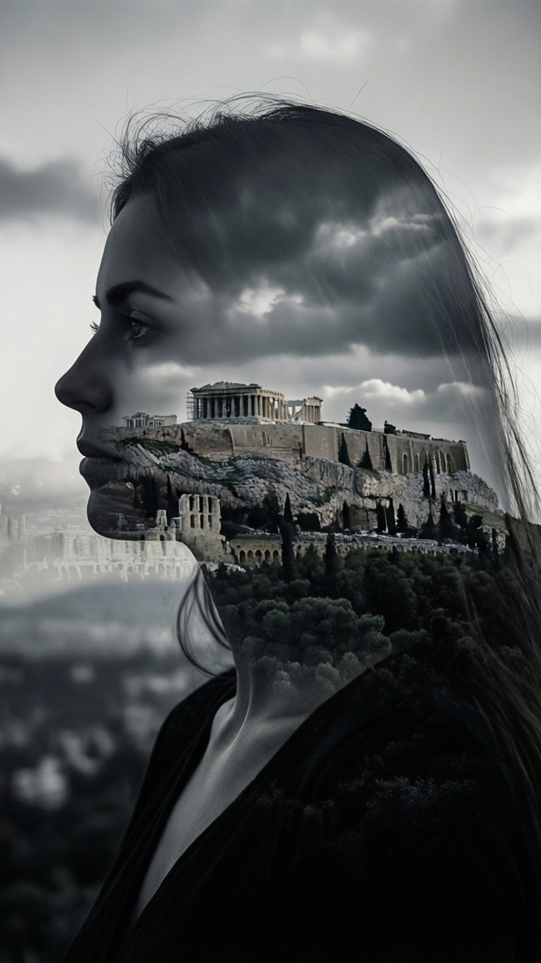 Athens 桌布 壁紙 — 女性的側面剪影與雅典衛城在陰雲密布的天空下以戲劇性的雙重曝光融合在一起。