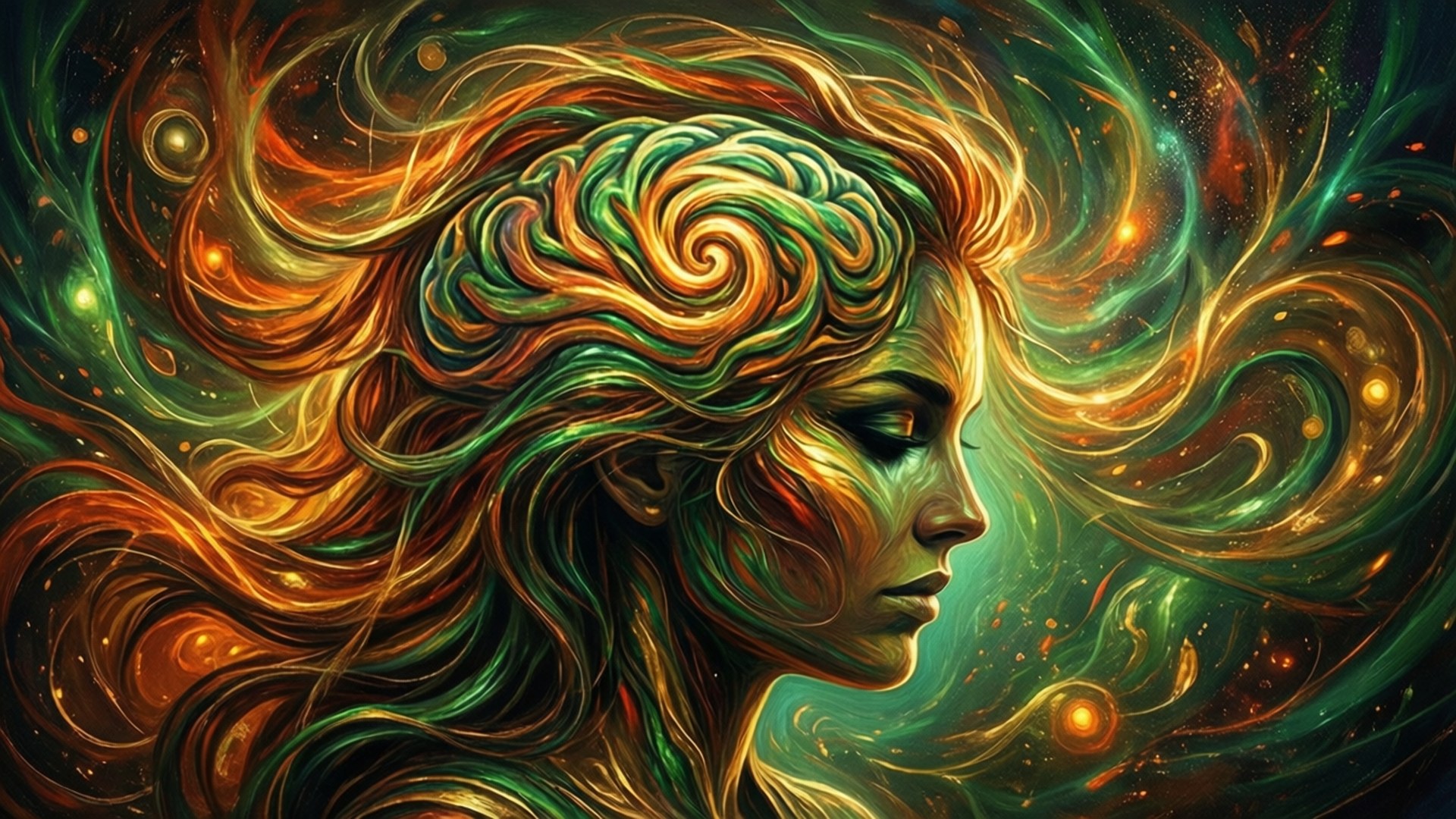 琴·葛雷 桌布 壁紙 — 一個女人的側面，擁有旋轉的綠色和橙色宇宙頭髮，背景是繁星點點的星雲。