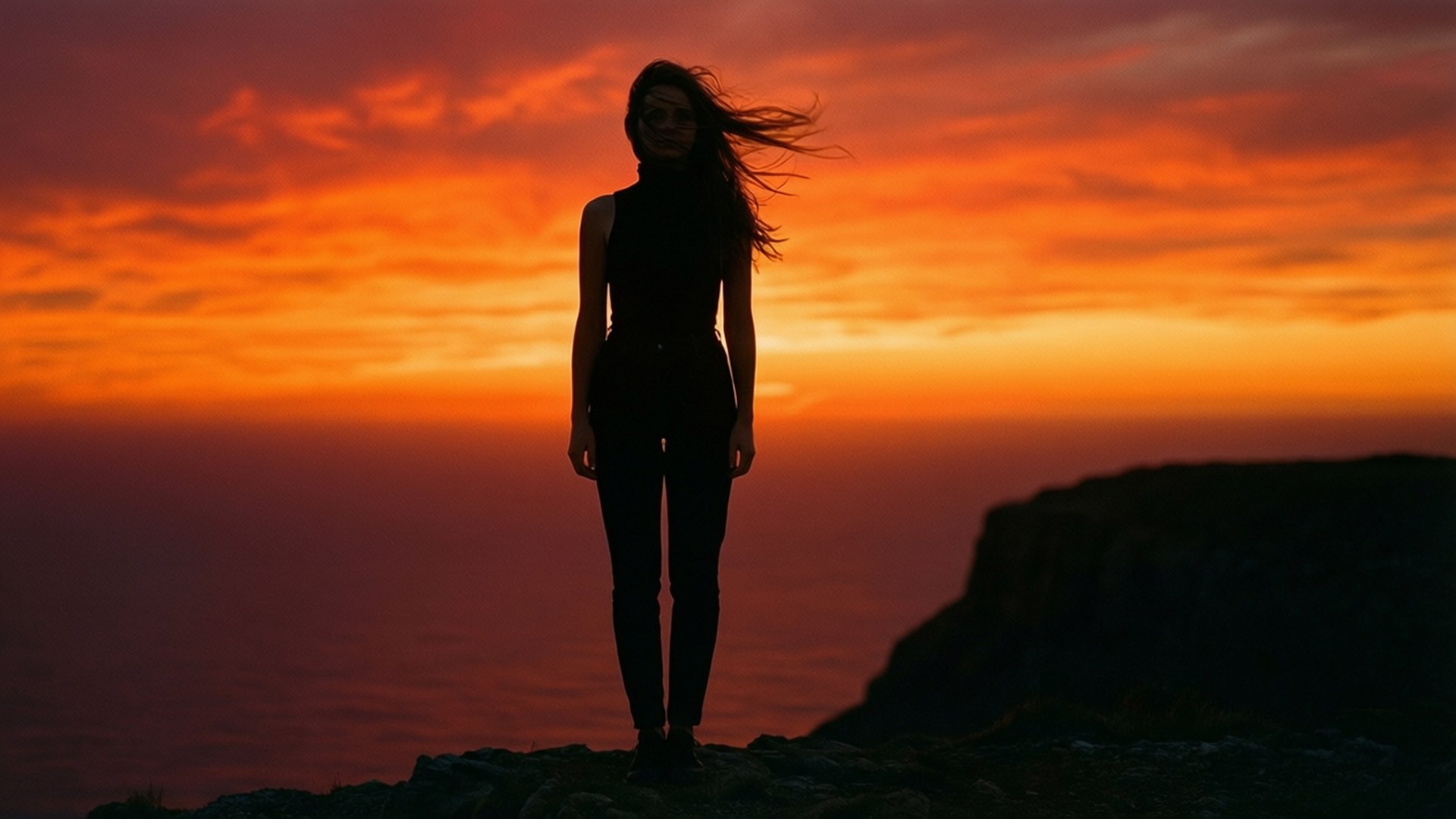 Sunset Silhouette 壁紙 — 一個女人的剪影站在懸崖邊，熾熱的橙色和紅色日落雲彩在她身後燃燒。