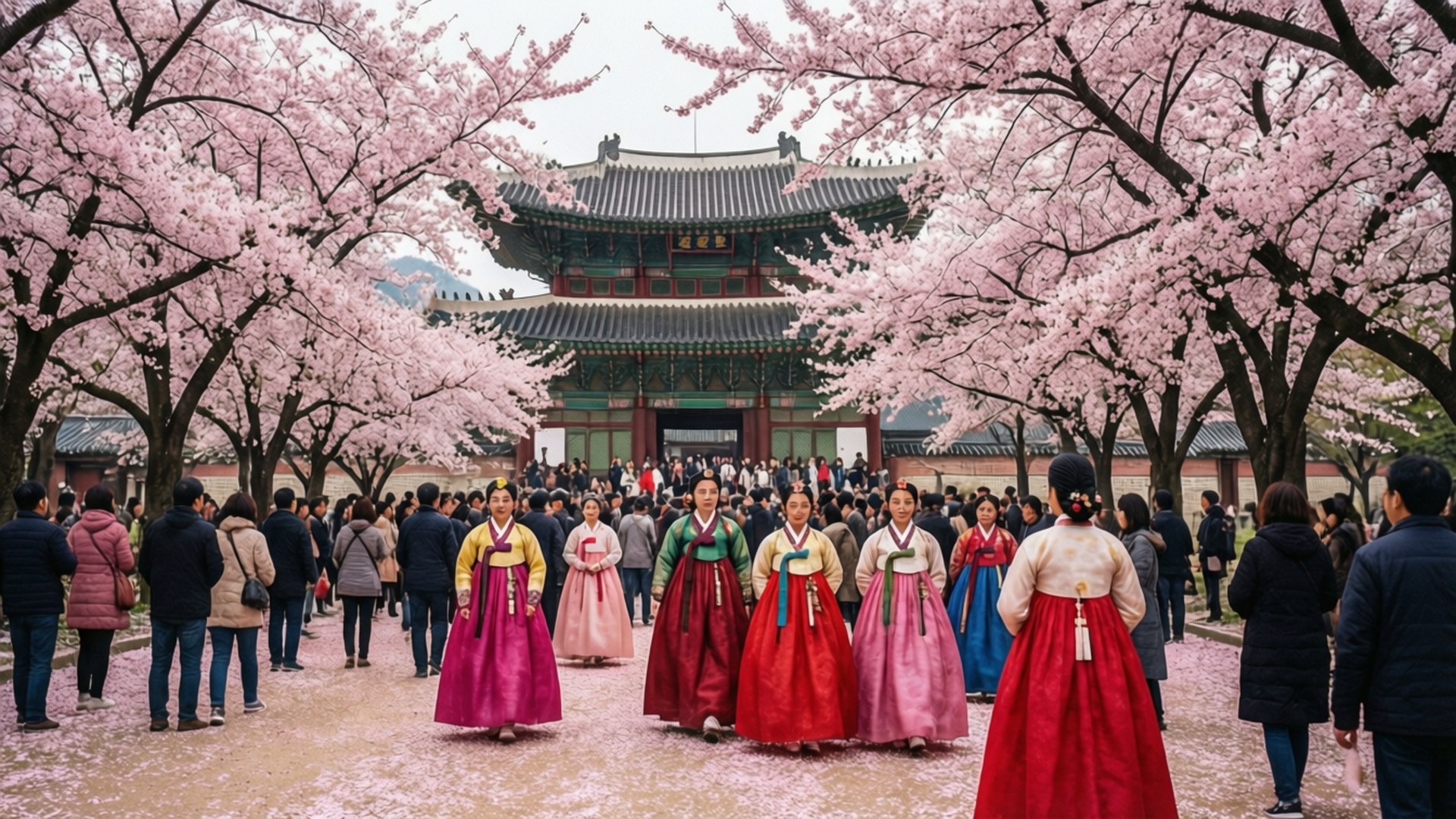 Seoul Cherry Blossom Palace 壁紙 — 穿著鮮豔韓服的女性在盛開的粉紅色櫻花樹下走向傳統的韓國宮殿大門。