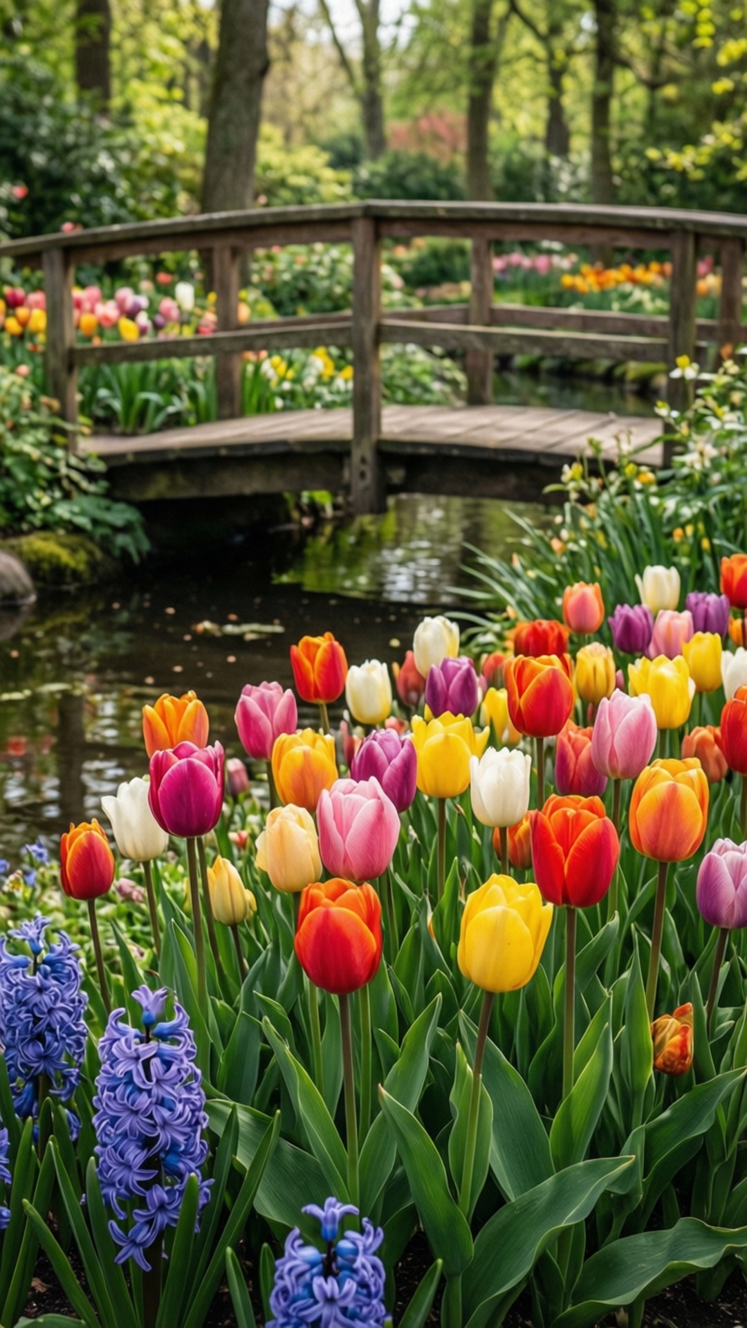 Keukenhof Spring Bloom 壁紙 — 一座木拱橋橫跨平靜的池塘，周圍環繞著色彩繽紛的鬱金香和紫色風信子，在茂盛的花園中。