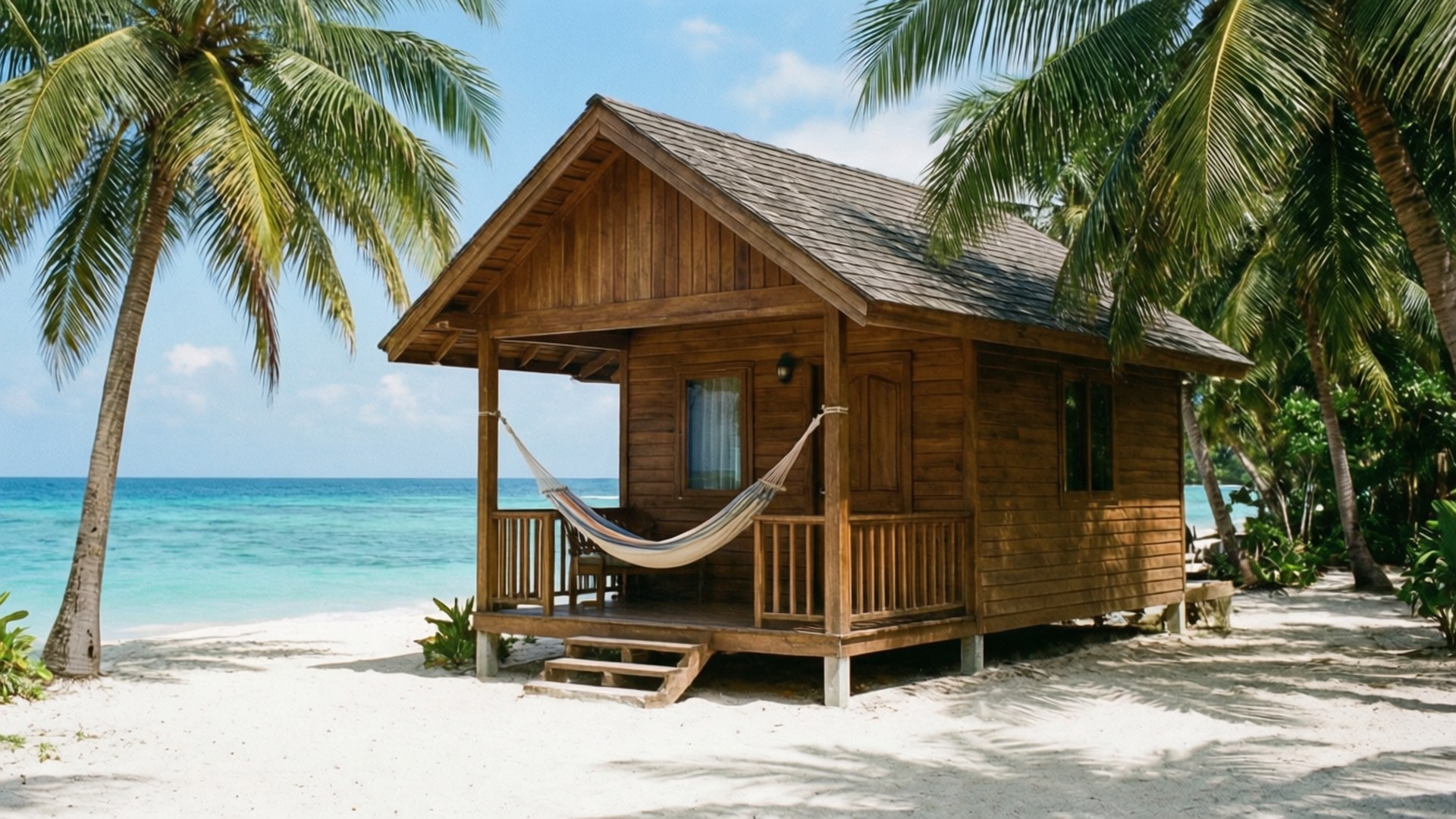 Beachfront Wooden Bungalow 壁紙 — 一間木製海灘平房，門廊上掛著吊床，矗立在白色沙灘上，旁邊是碧綠的海水，棕櫚樹下。