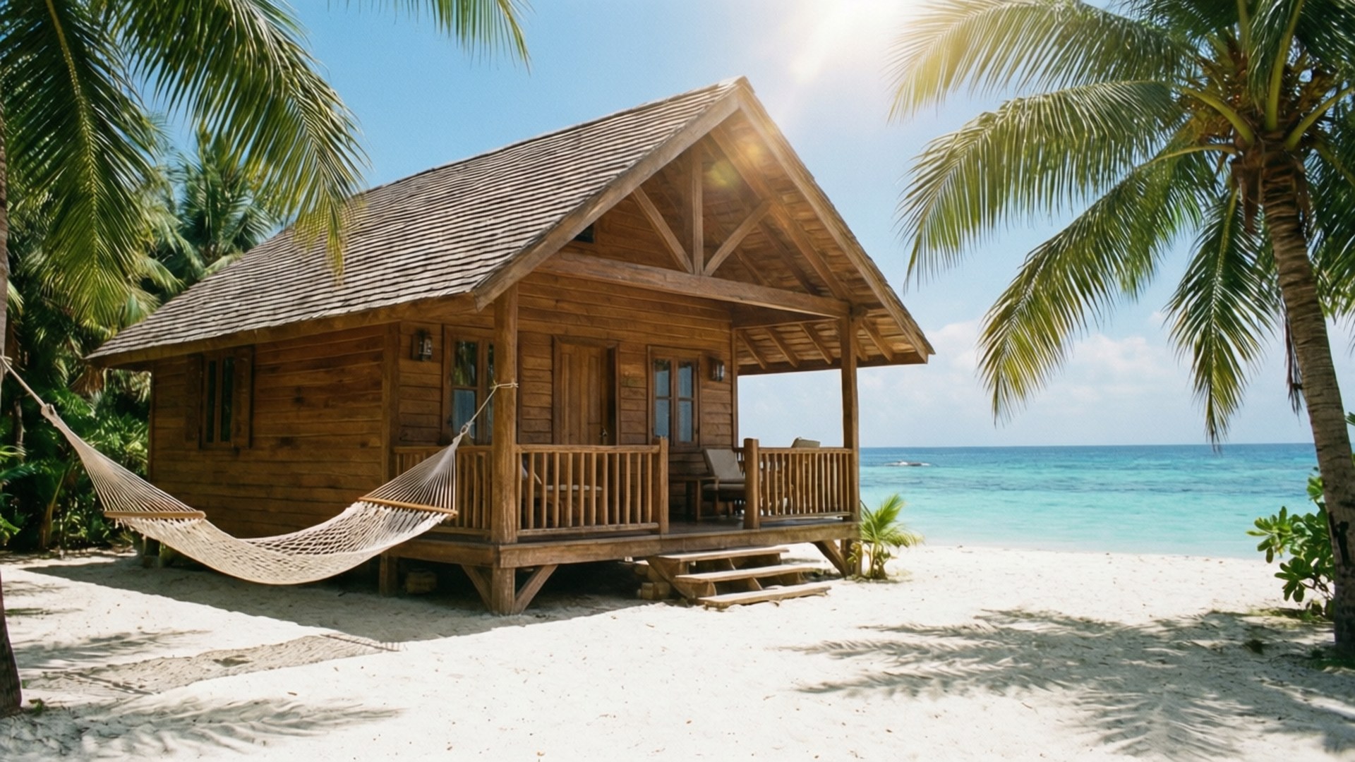 Beachside Wood Bungalow 壁紙 — 木製海灘平房，吊床在棕櫚樹下搖擺，旁邊是碧綠的海水。