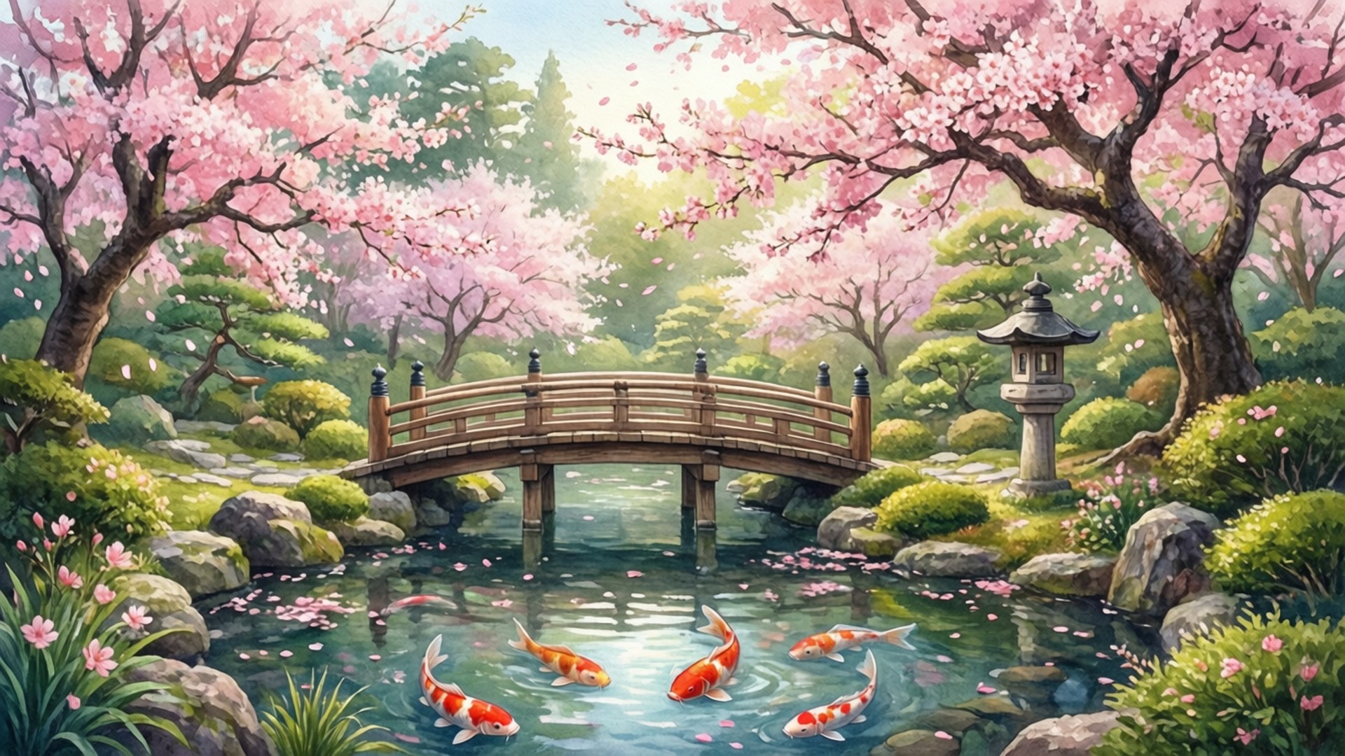 Friday Garden Serenity 壁紙 — 一座木橋拱起在錦鯉池上，下方是盛開的粉紅櫻花樹，位於寧靜的日本花園中。