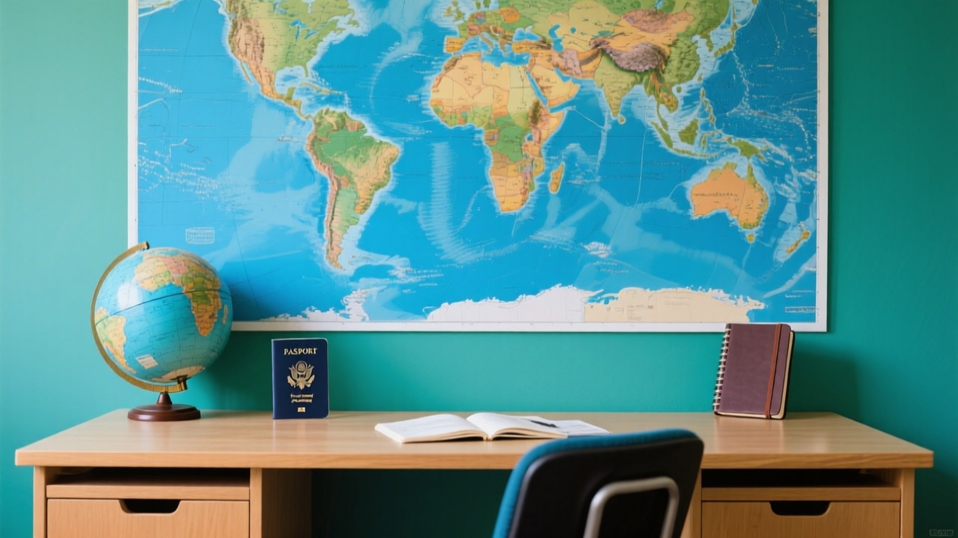Wanderlust Travel Desk 壁紙 — 木製書桌上放有地球儀、護照、筆記本和椅子，前面是掛在青綠色牆上的大型世界地圖。