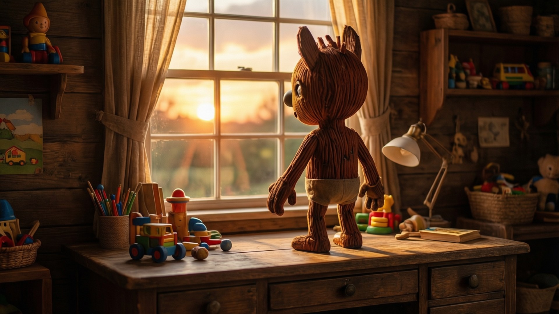Woody at Sunset Window 壁紙 — 一個木製狐狸玩具放在一張鄉村風格的書桌上，透過窗戶凝視著夕陽，在一個充滿玩具的舒適兒童房裡。