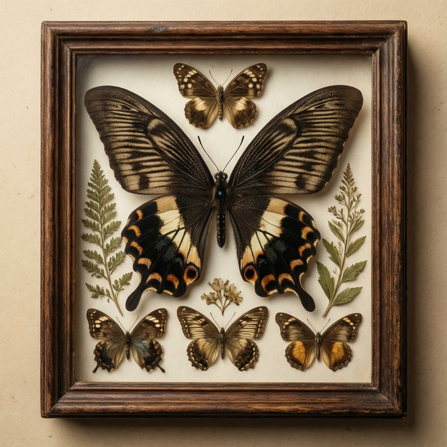 Vintage Pressed Butterflies 壁紙 — 一個木框動物標本展示，在奶油色背景上有一隻大的黑色和橙色蝴蝶，四隻較小的蝴蝶和壓製的蕨類植物。