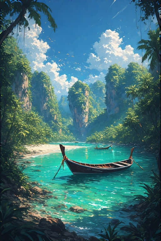 一艘木船漂浮在清澈碧綠的海水中，靠近叢林環繞的海岸，有高聳的懸崖和棕櫚樹，上方是明亮的藍天。 — 4K 壁紙