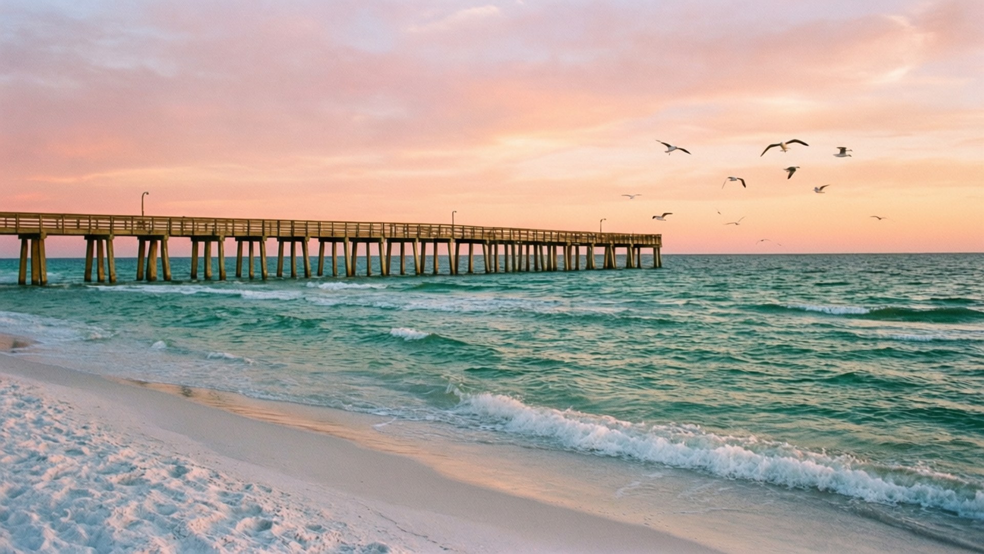 Gulf Shores Sunrise 壁紙 — 日落時分，木製碼頭延伸至碧綠海水，粉紅雲朵和海鷗飛翔。