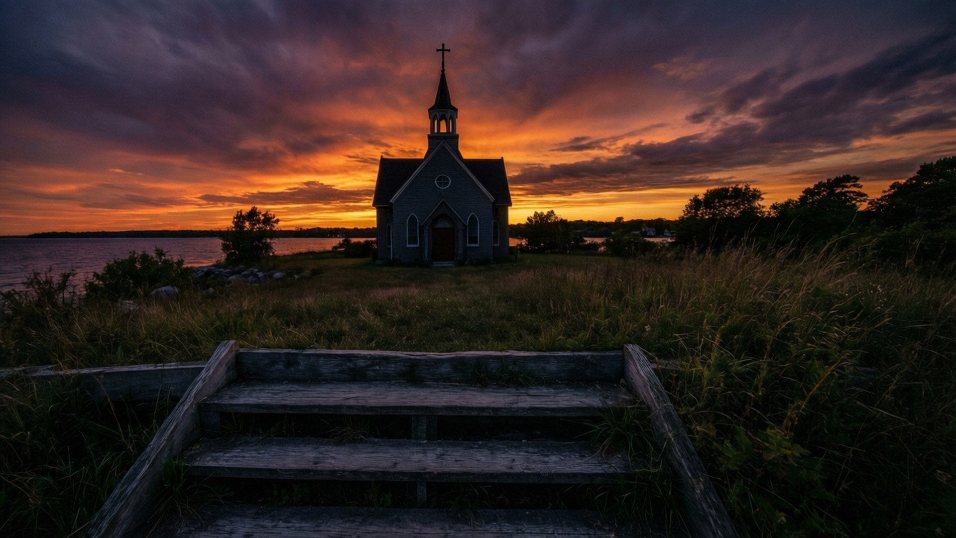 Church at Dusk 壁紙 — 木樓梯通往一座小教堂，在水面上火紅的日落映襯下呈現剪影。